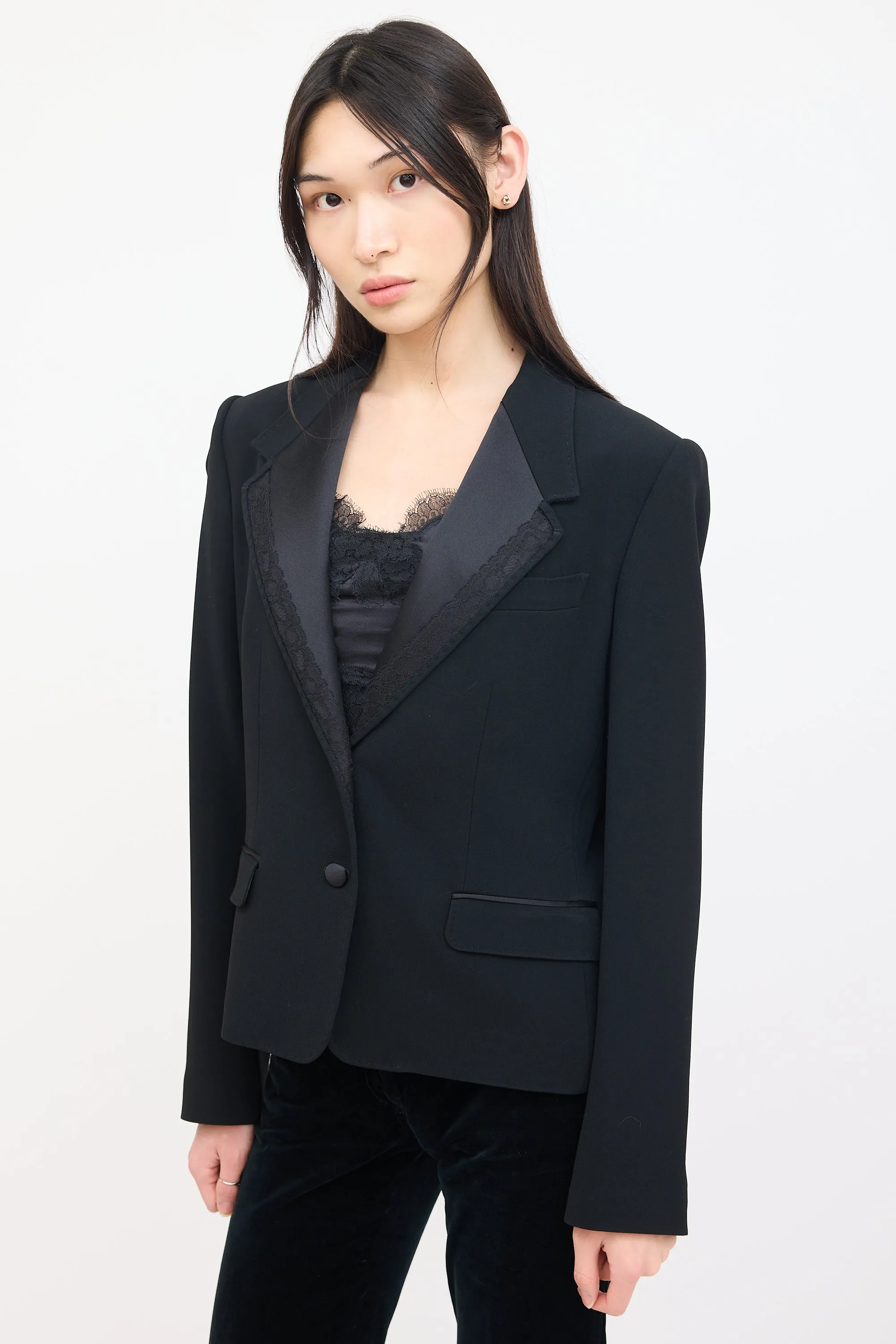 Black Silk & Lace Lapel Blazer