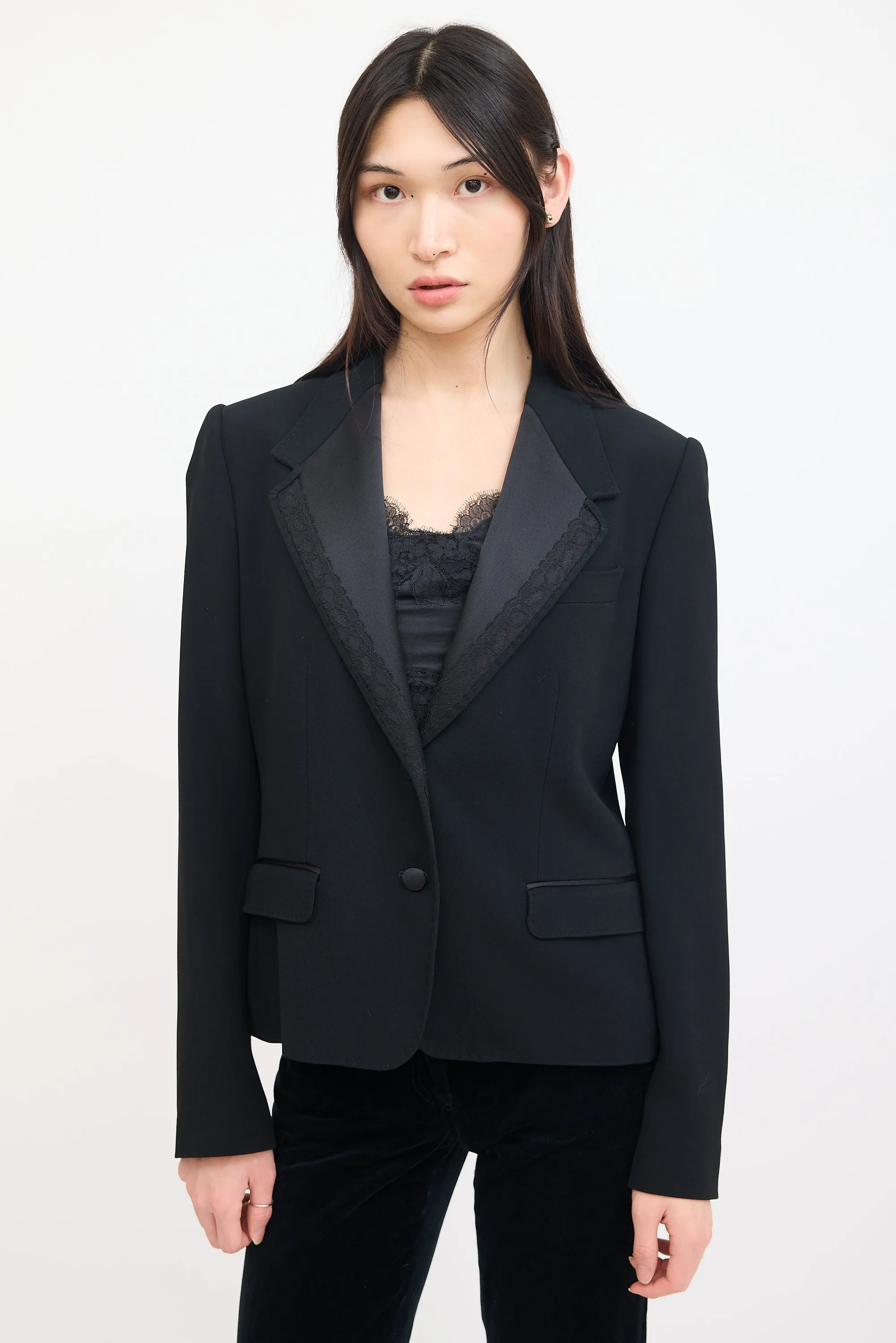 Black Silk & Lace Lapel Blazer