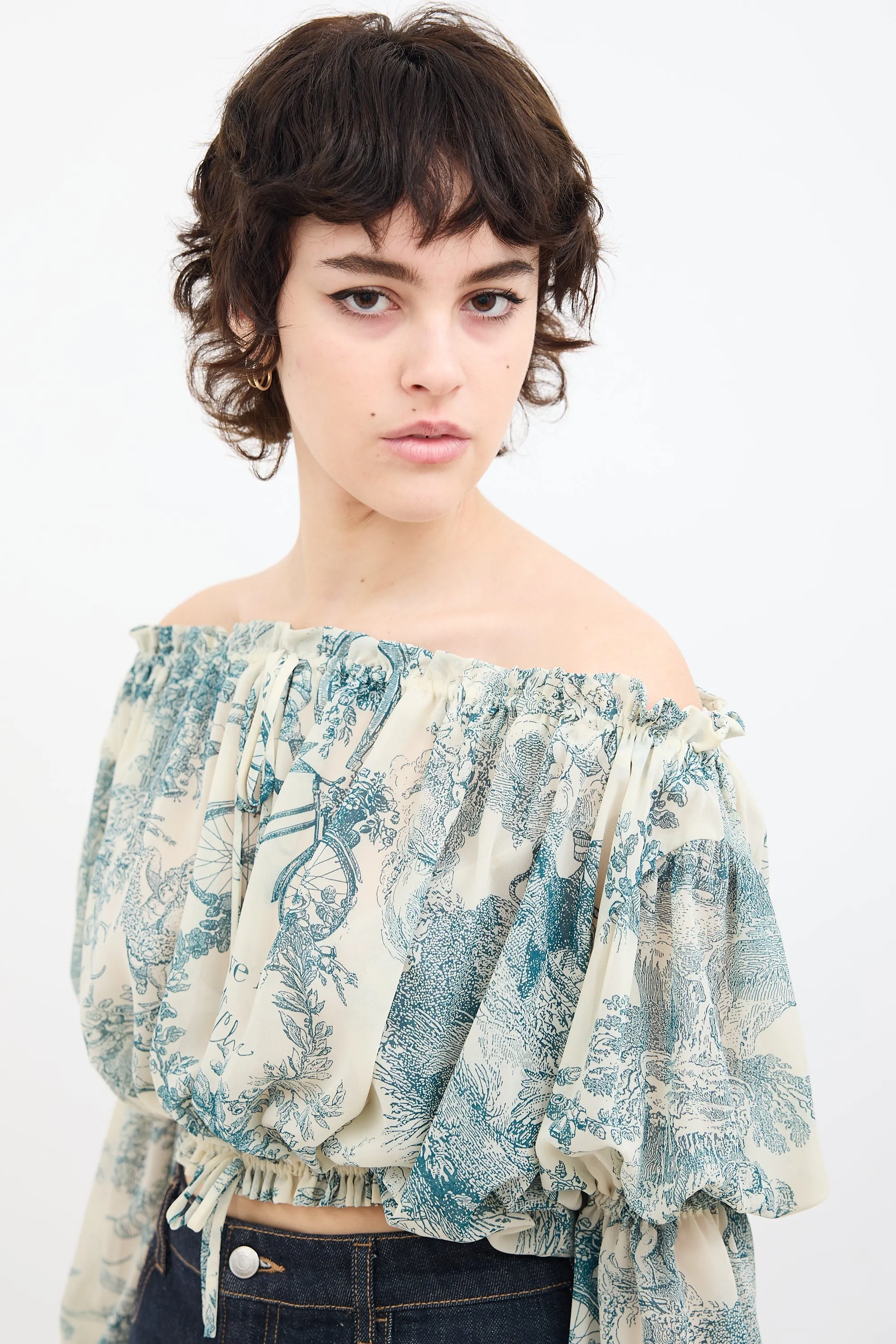 Blue & White Sheer Printed Off Shoulder Blouse