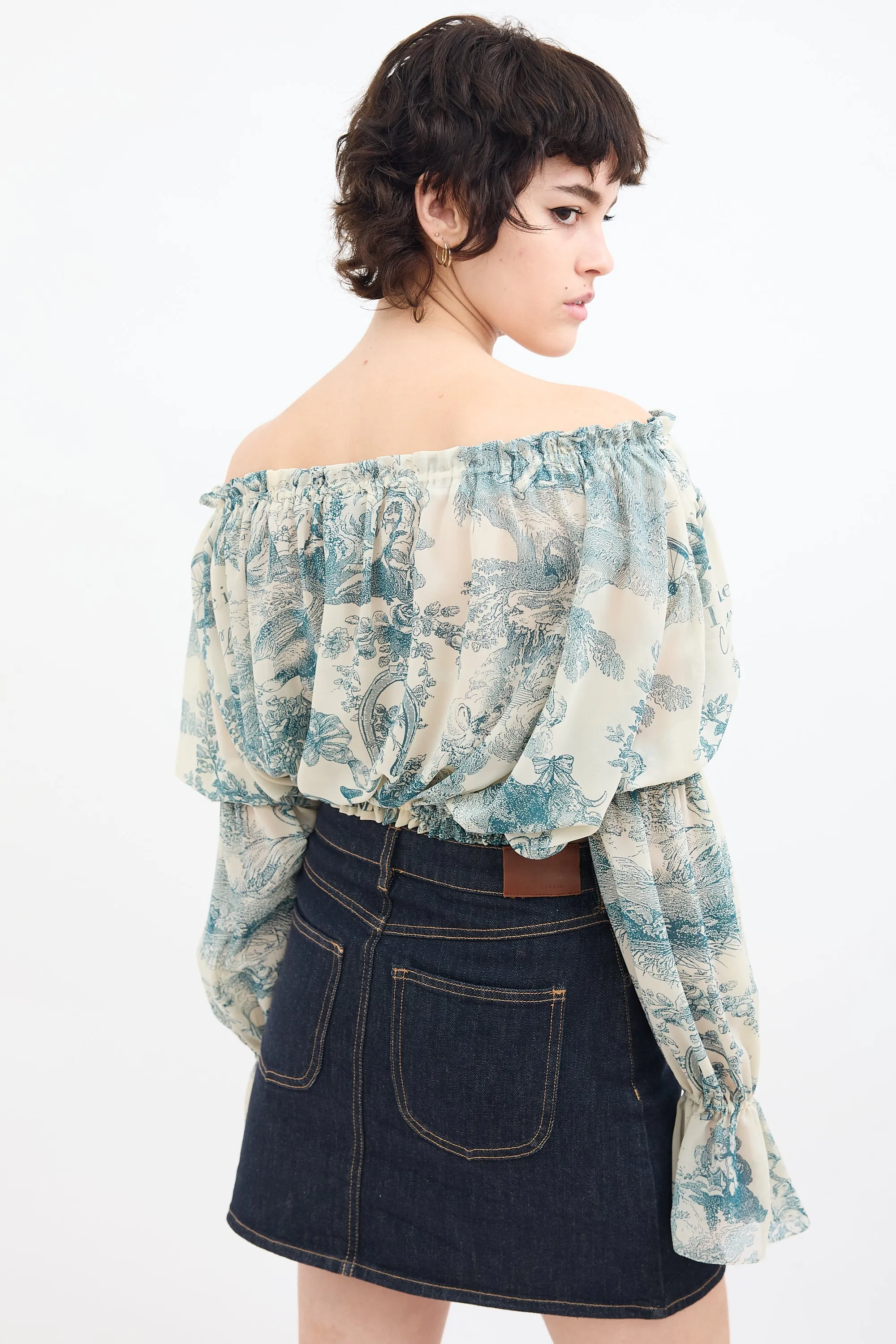 Blue & White Sheer Printed Off Shoulder Blouse