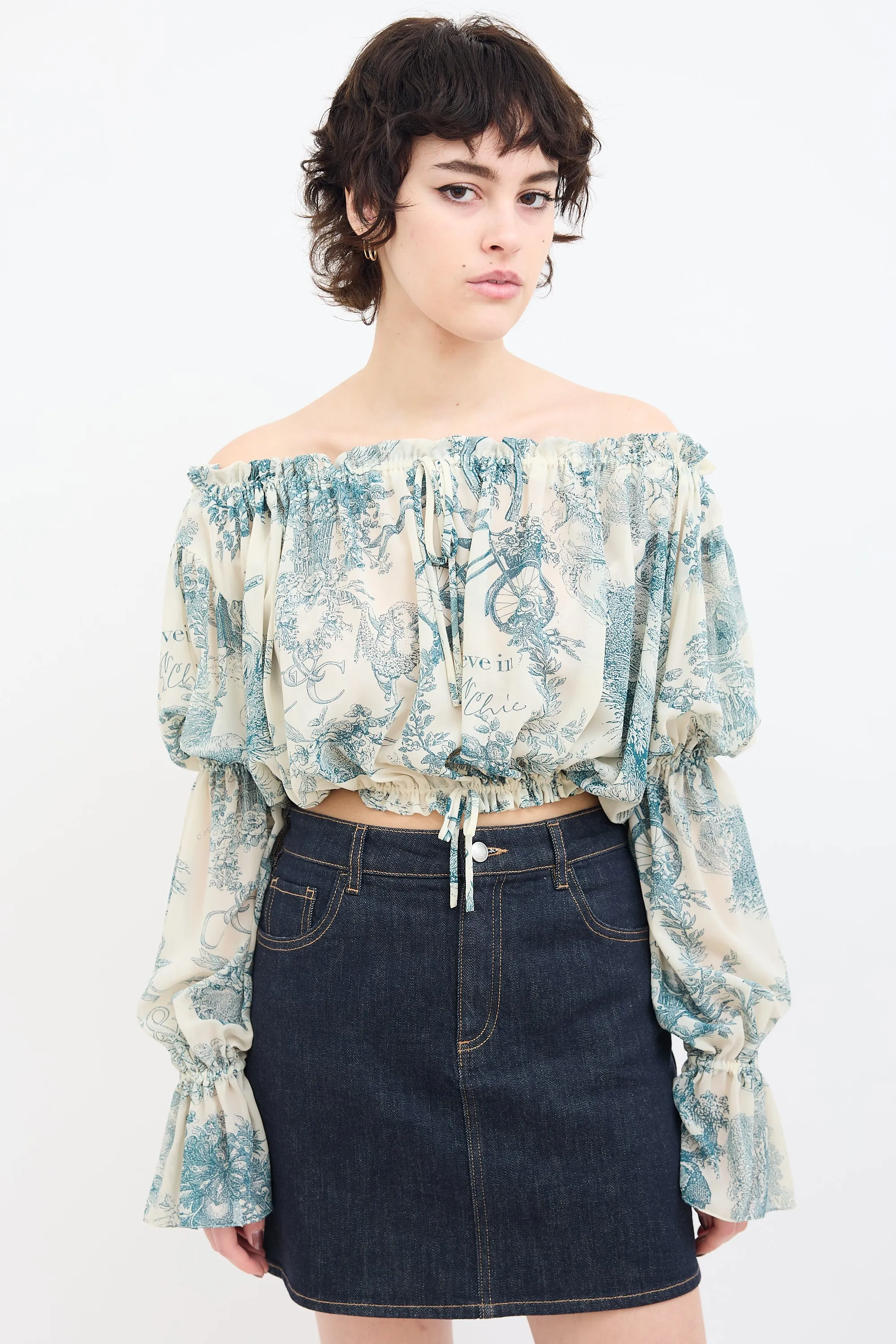 Blue & White Sheer Printed Off Shoulder Blouse