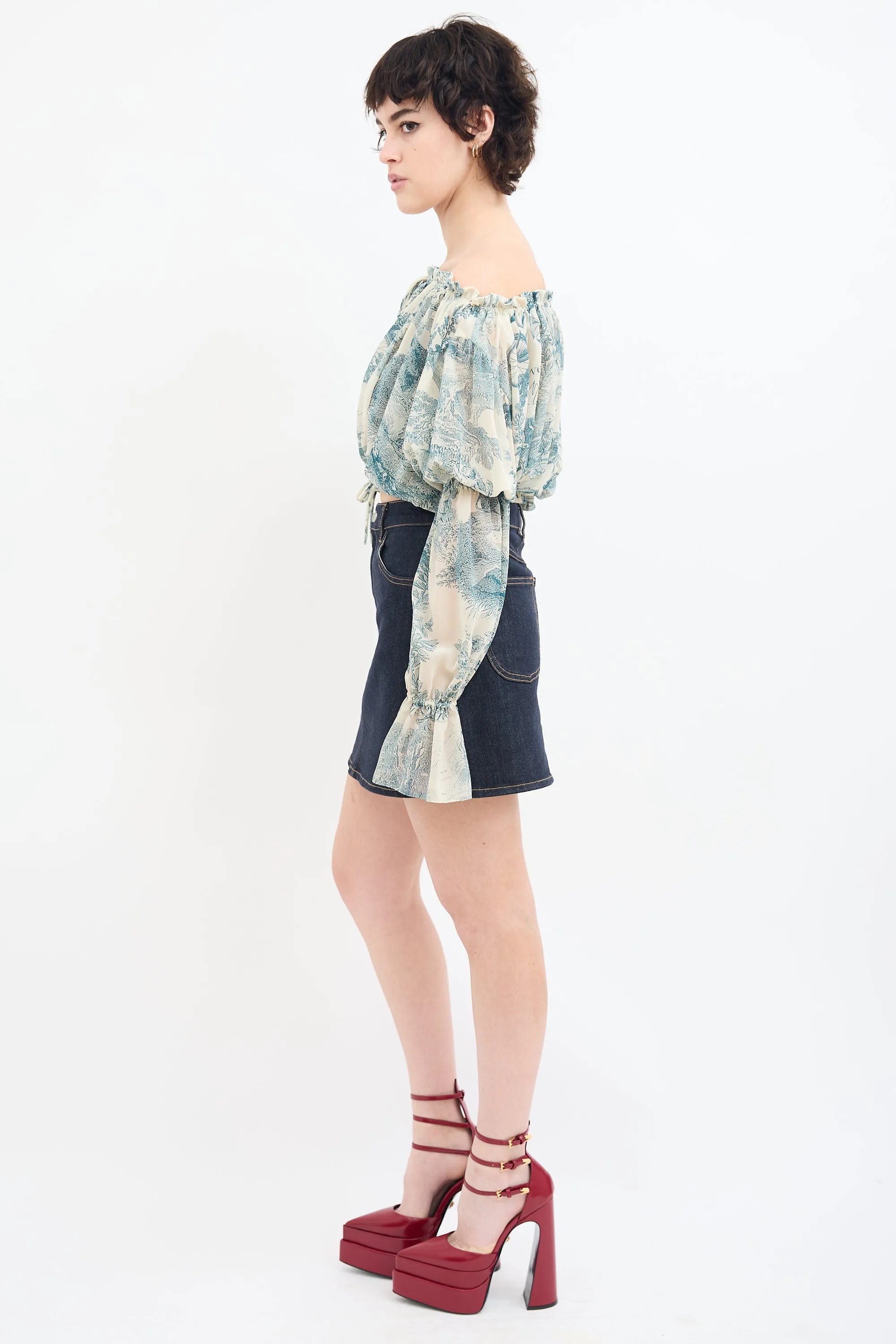 Blue & White Sheer Printed Off Shoulder Blouse