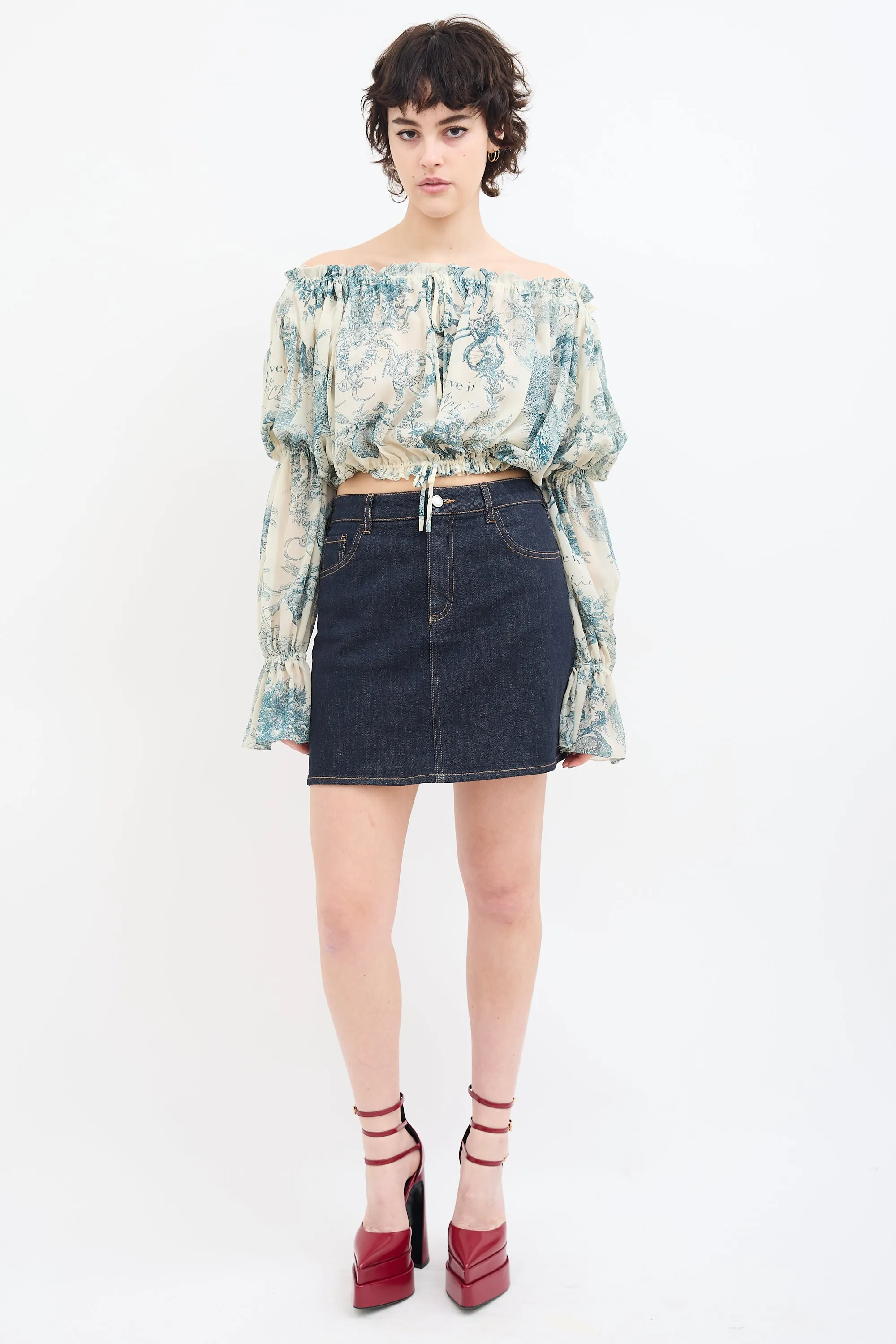 Blue & White Sheer Printed Off Shoulder Blouse