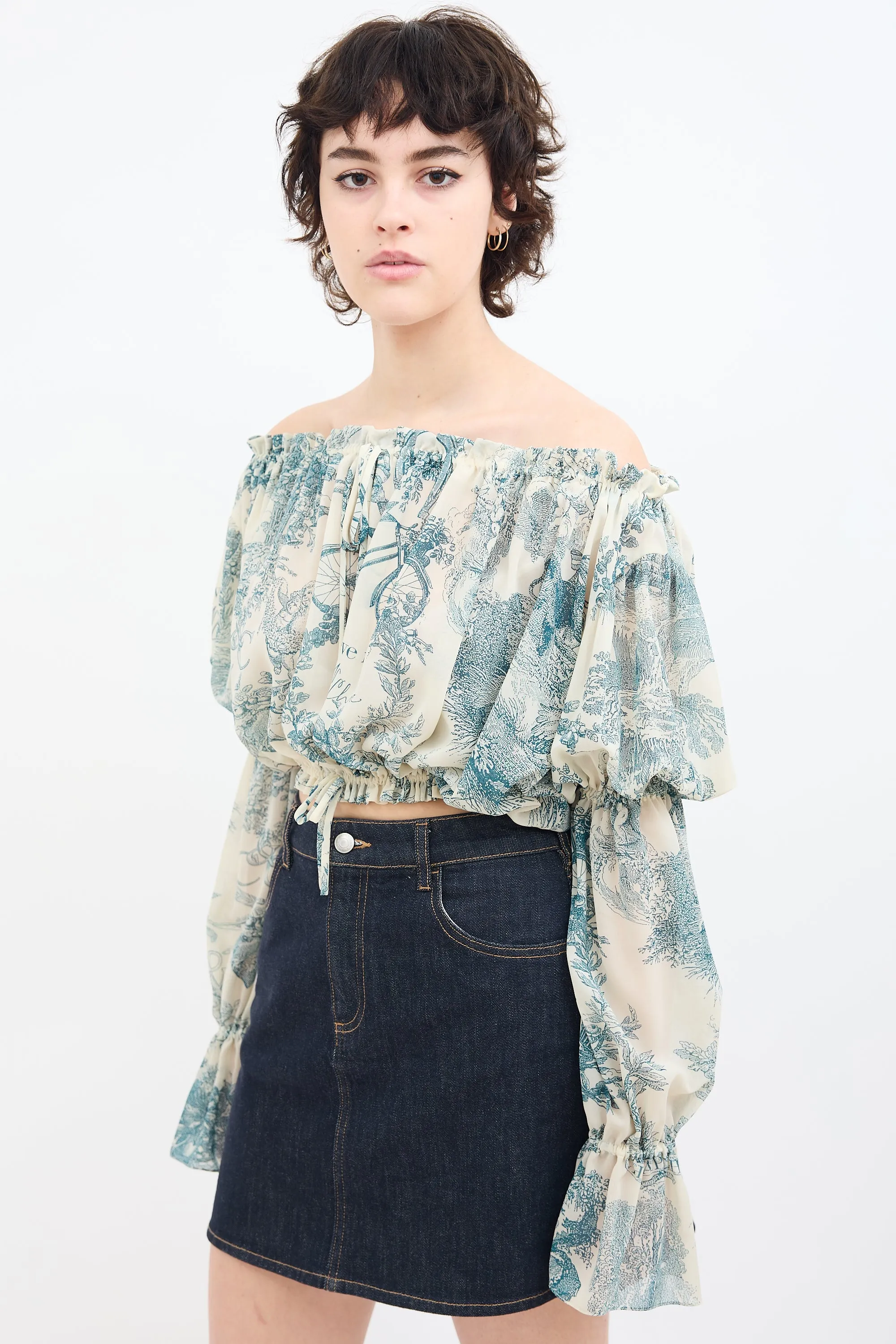 Blue & White Sheer Printed Off Shoulder Blouse