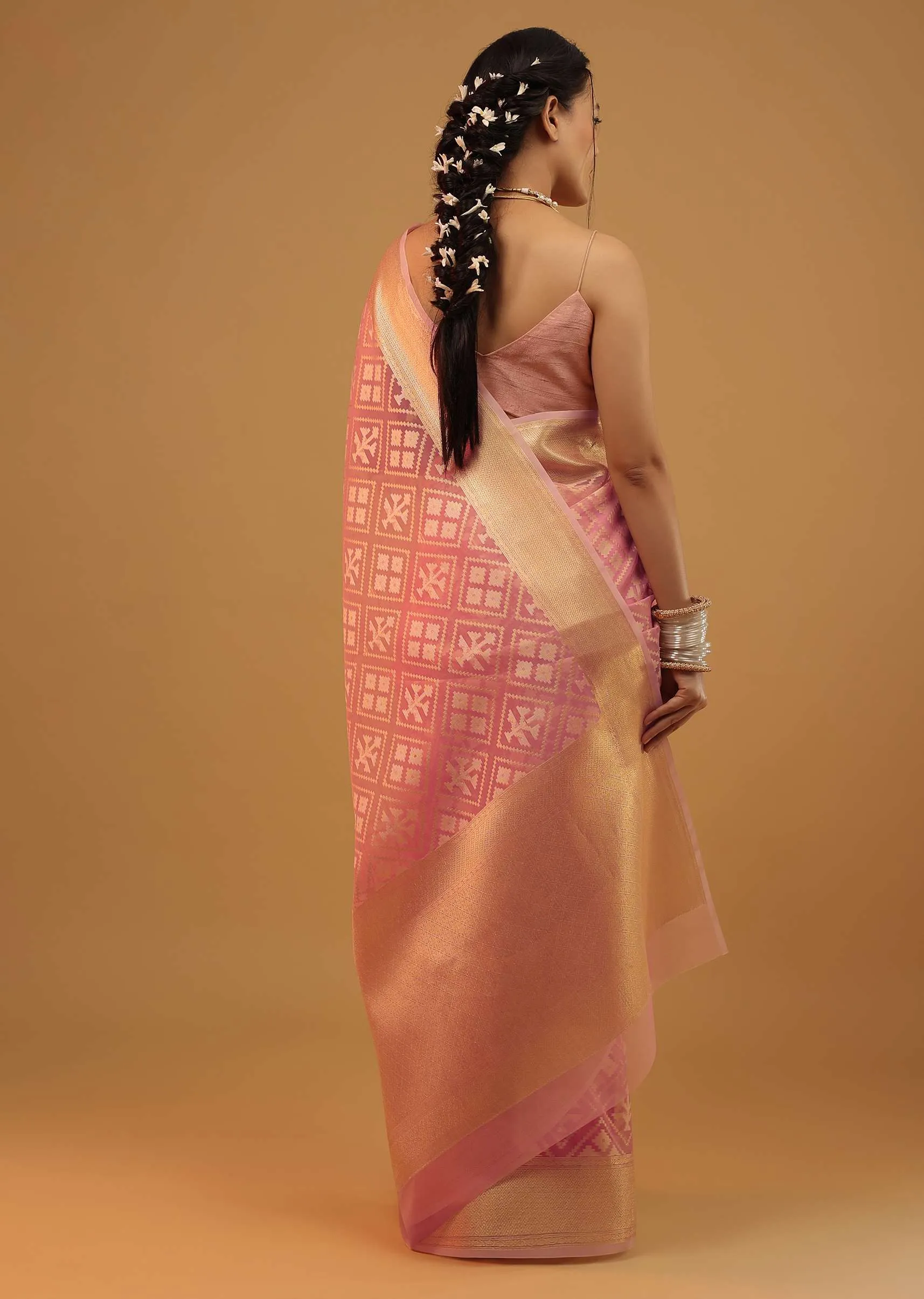 Blush Pink Saree In Banarasi Chanderi And Pure Handloom Cotton With Brocade Embroidery