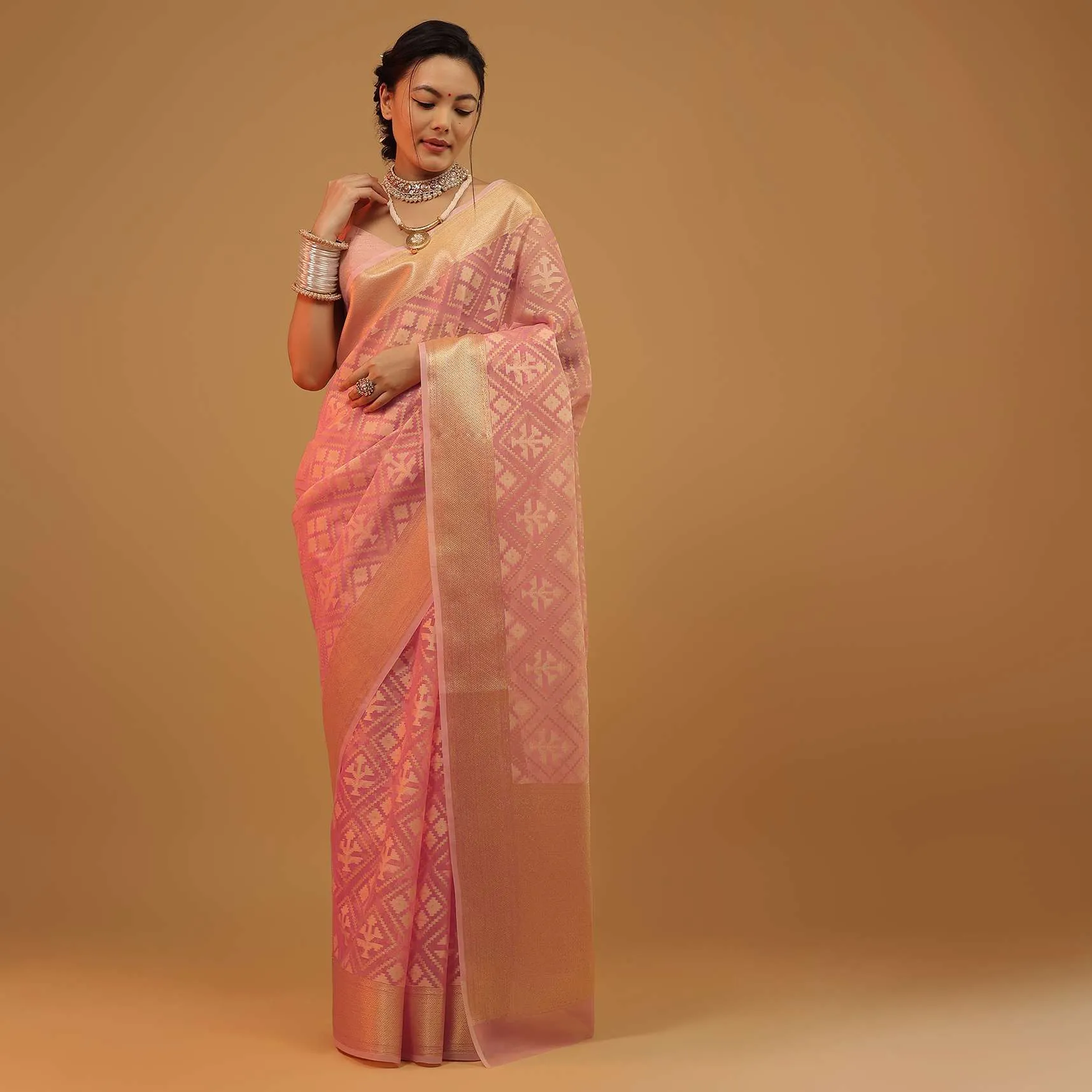 Blush Pink Saree In Banarasi Chanderi And Pure Handloom Cotton With Brocade Embroidery