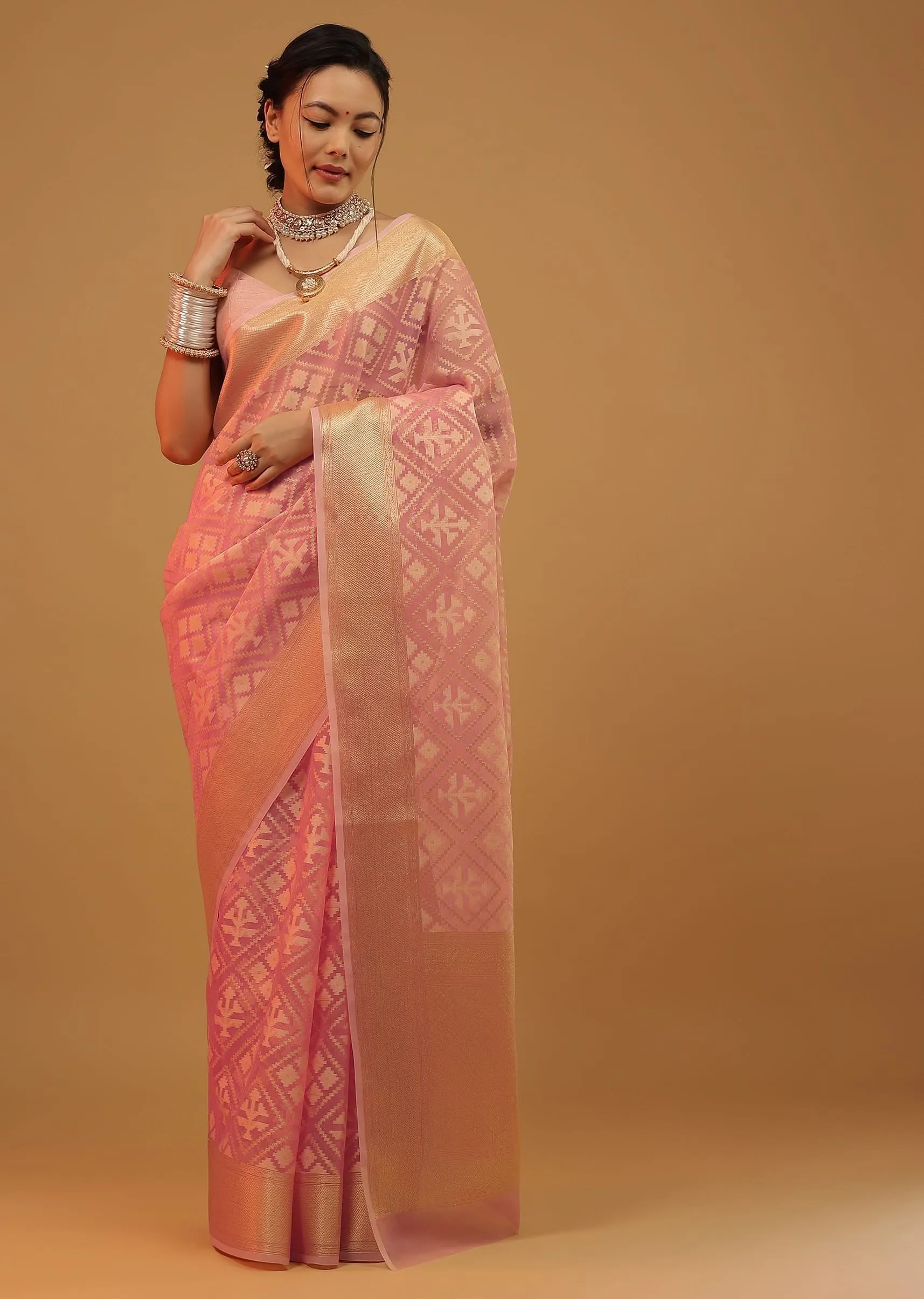 Blush Pink Saree In Banarasi Chanderi And Pure Handloom Cotton With Brocade Embroidery