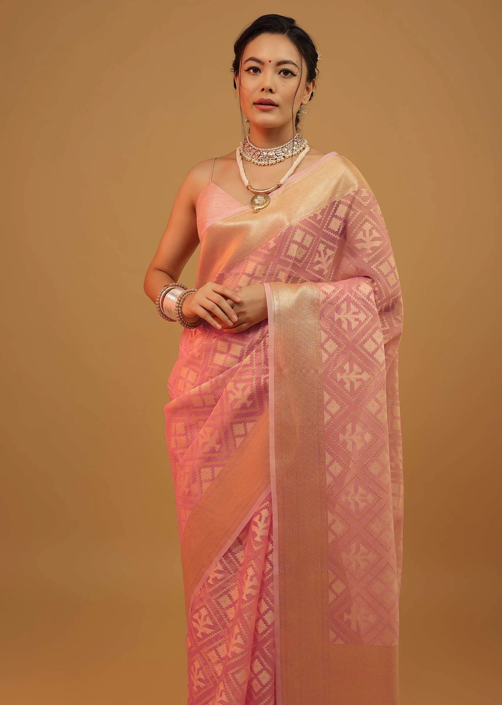 Blush Pink Saree In Banarasi Chanderi And Pure Handloom Cotton With Brocade Embroidery
