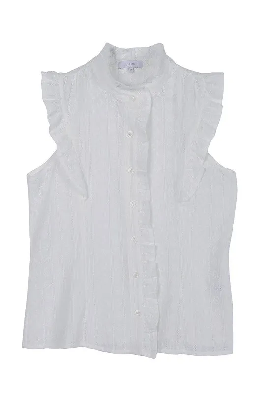 Classic Elegant Ruffle Trim Eyelet Embroidered Fashion Blouse Top