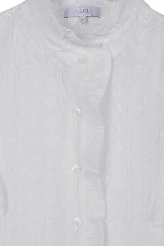 Classic Elegant Ruffle Trim Eyelet Embroidered Fashion Blouse Top