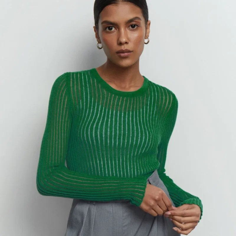 Cryptographic Fashion White Elegant Striped See Through Women Tops
