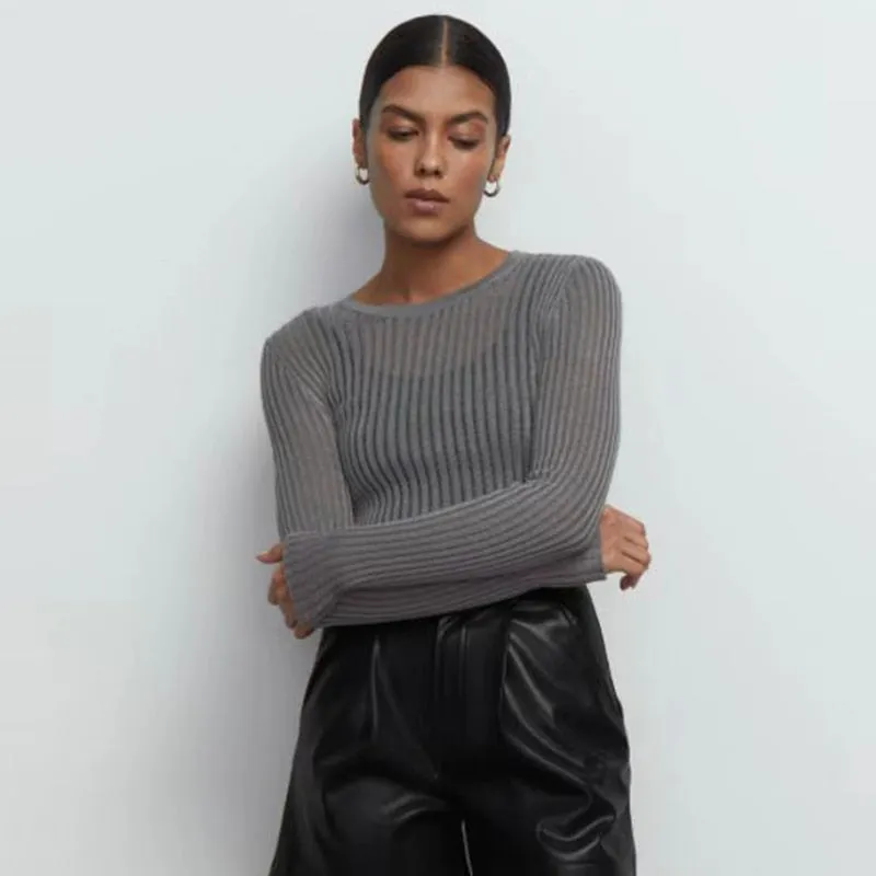 Cryptographic Fashion White Elegant Striped See Through Women Tops