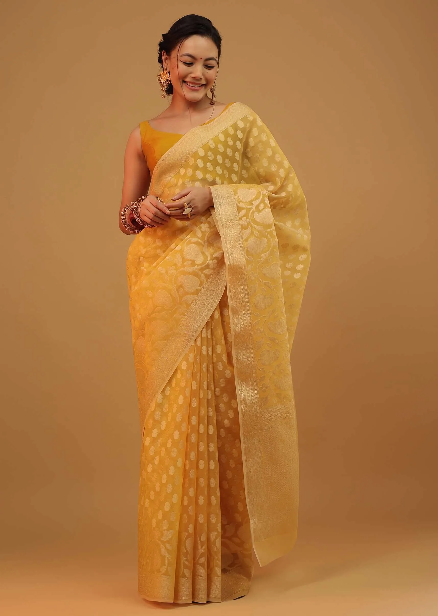 Cyber Yellow Saree In Pure Handloom Cotton Woven In Banarasi Chanderi