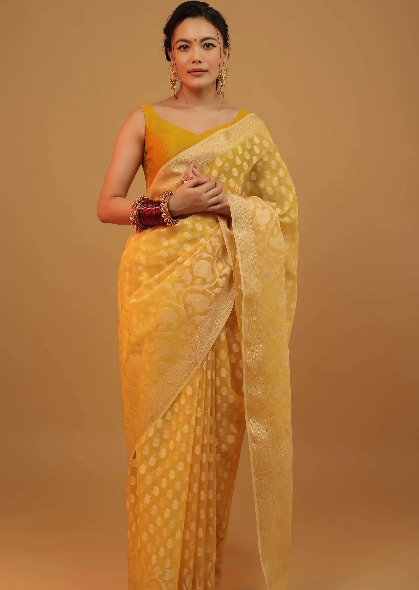 Cyber Yellow Saree In Pure Handloom Cotton Woven In Banarasi Chanderi