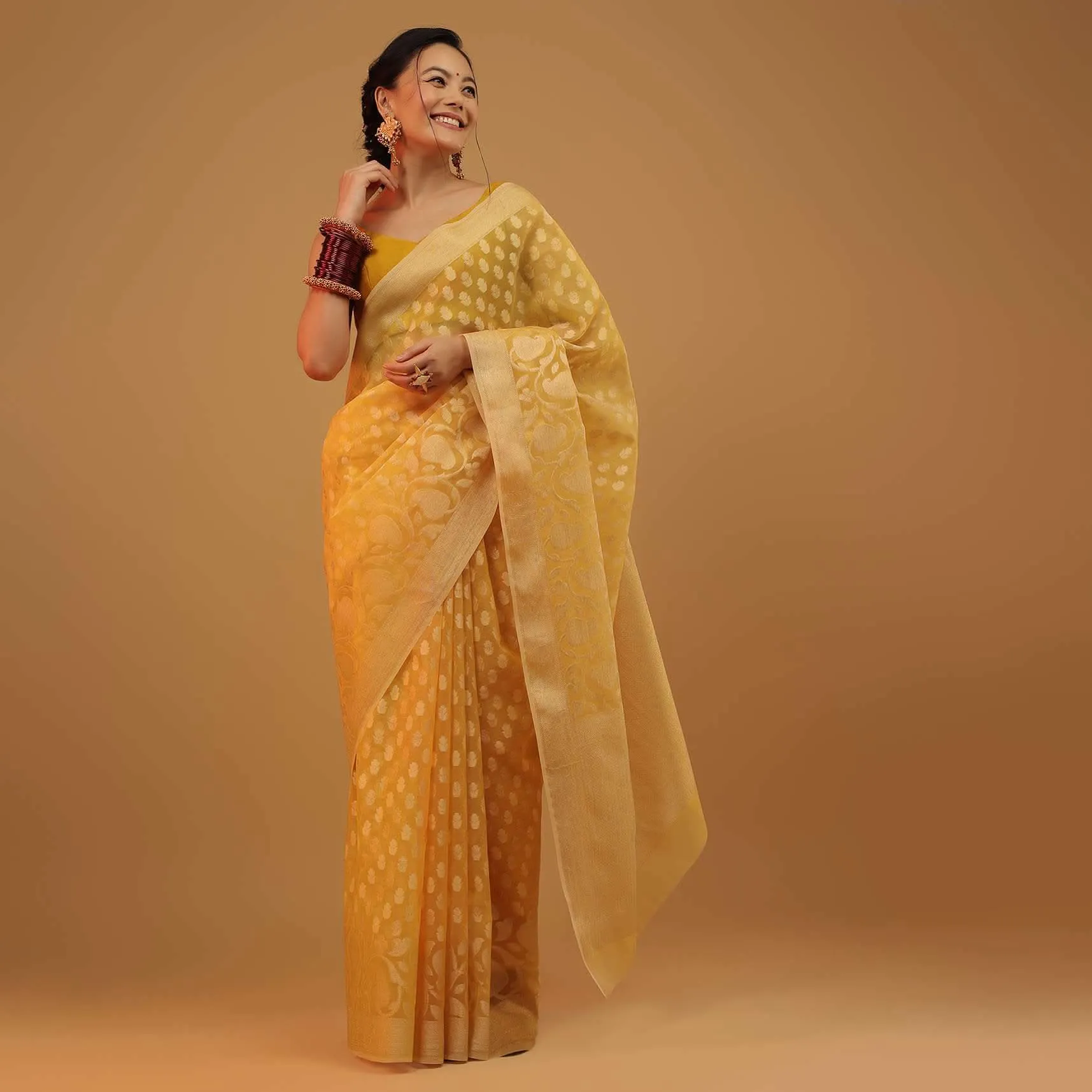 Cyber Yellow Saree In Pure Handloom Cotton Woven In Banarasi Chanderi