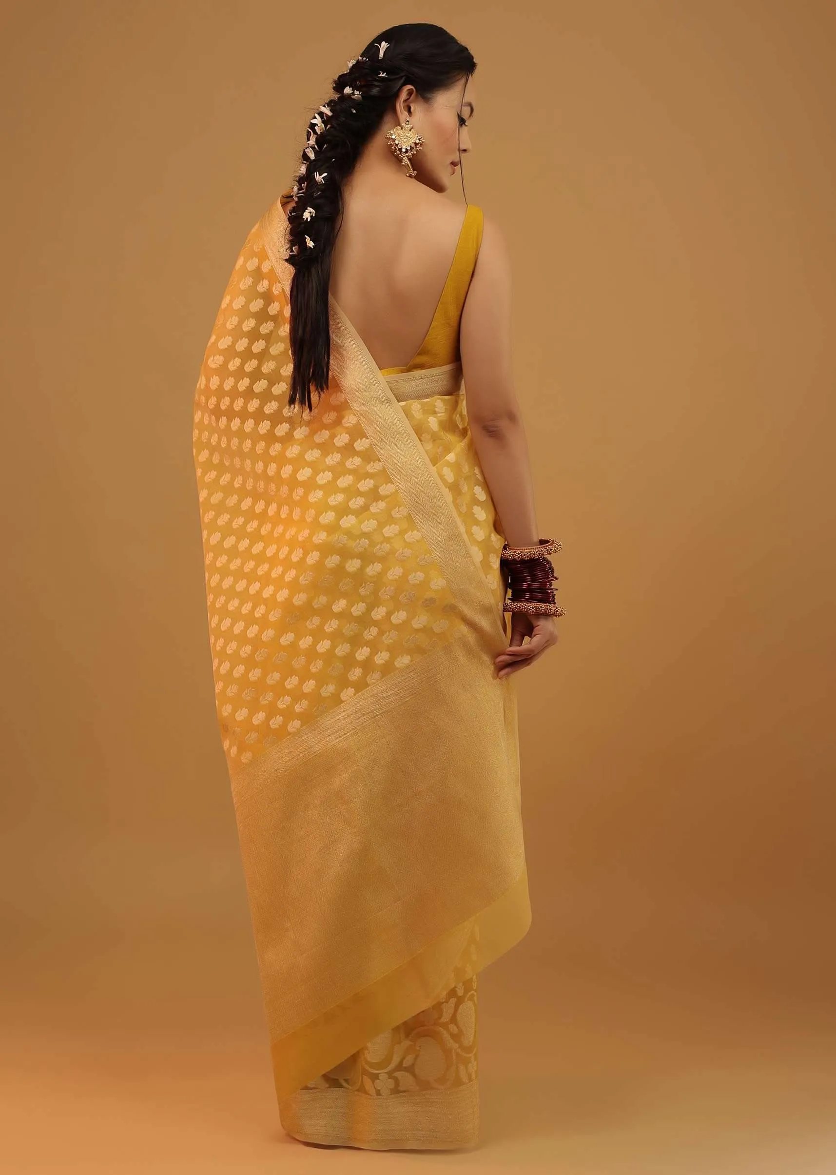 Cyber Yellow Saree In Pure Handloom Cotton Woven In Banarasi Chanderi