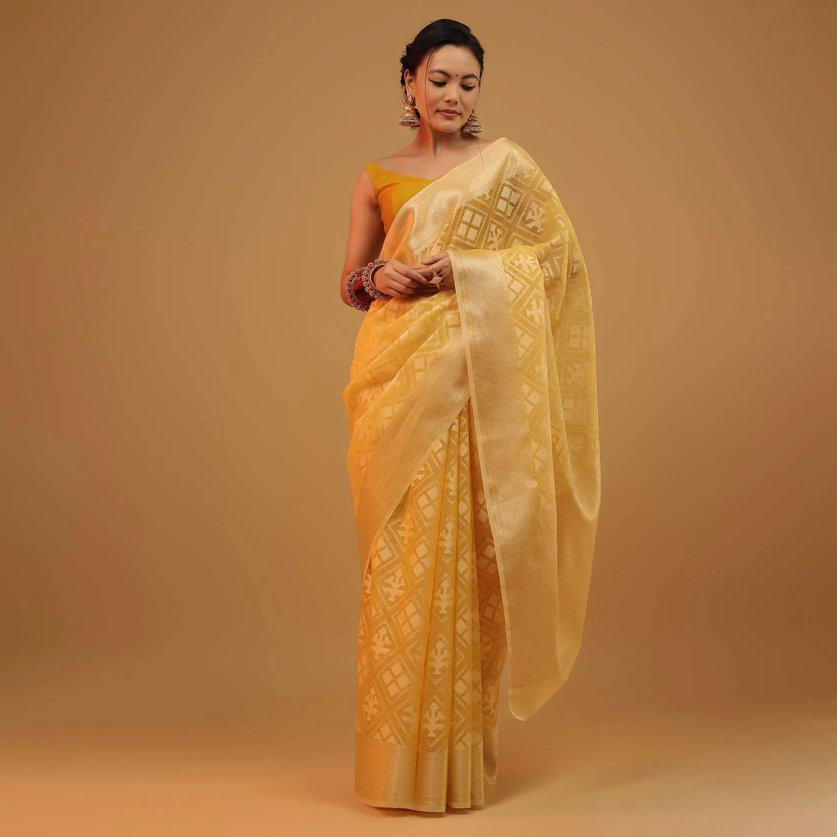 Daffodil Yellow Saree In Cotton With Woven Geometrical Patterns In Banarasi Chanderi