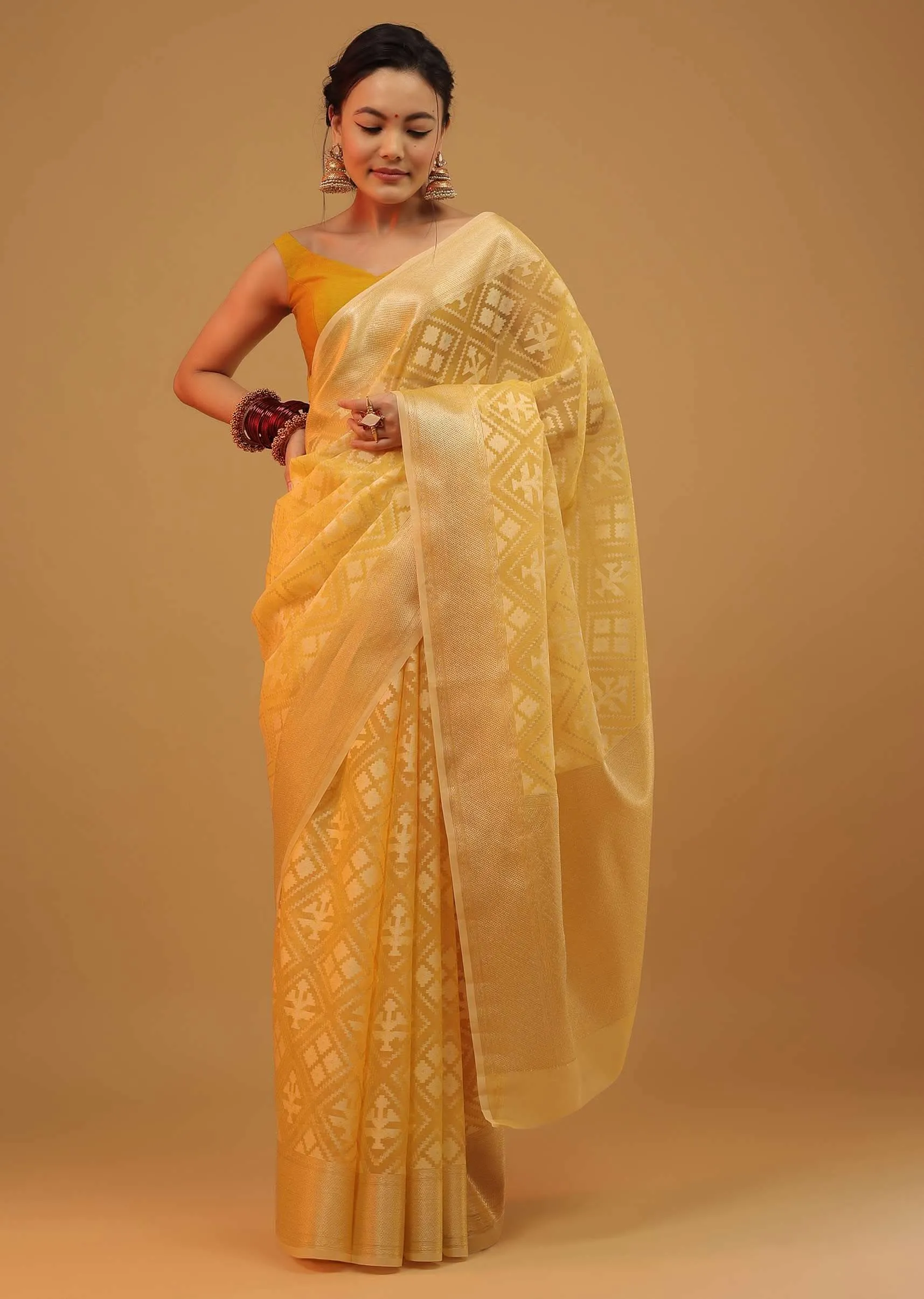 Daffodil Yellow Saree In Cotton With Woven Geometrical Patterns In Banarasi Chanderi
