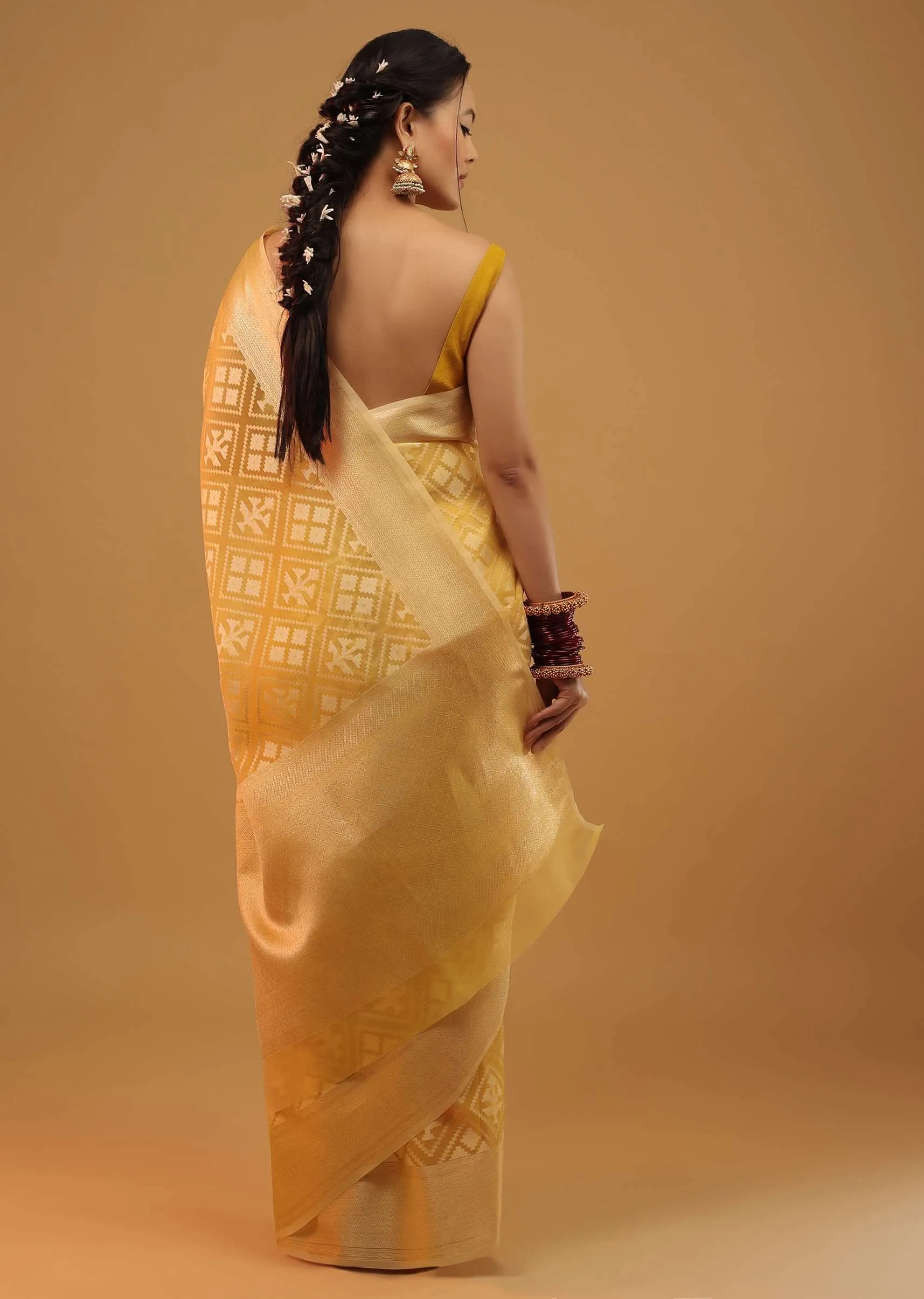 Daffodil Yellow Saree In Cotton With Woven Geometrical Patterns In Banarasi Chanderi