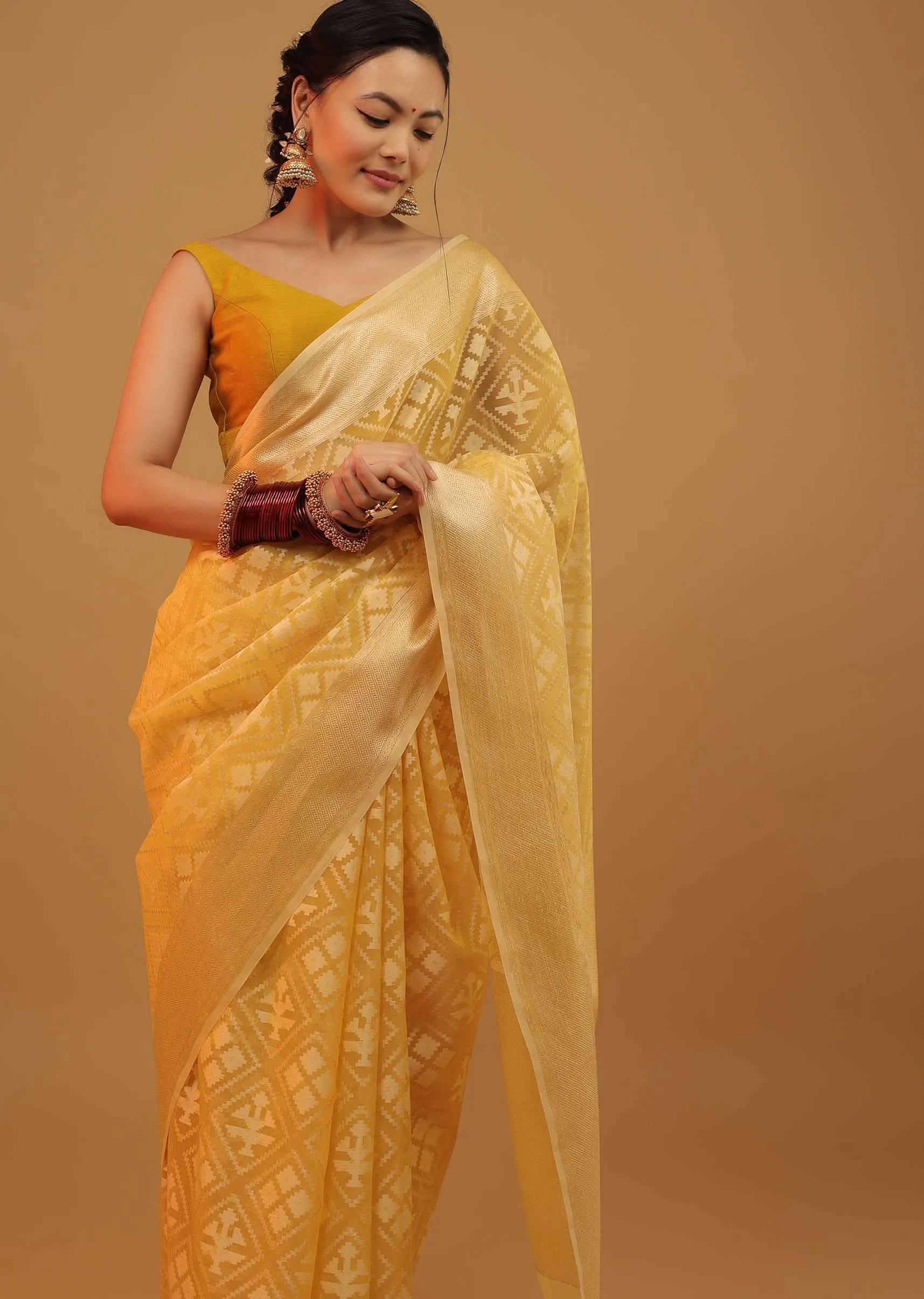 Daffodil Yellow Saree In Cotton With Woven Geometrical Patterns In Banarasi Chanderi