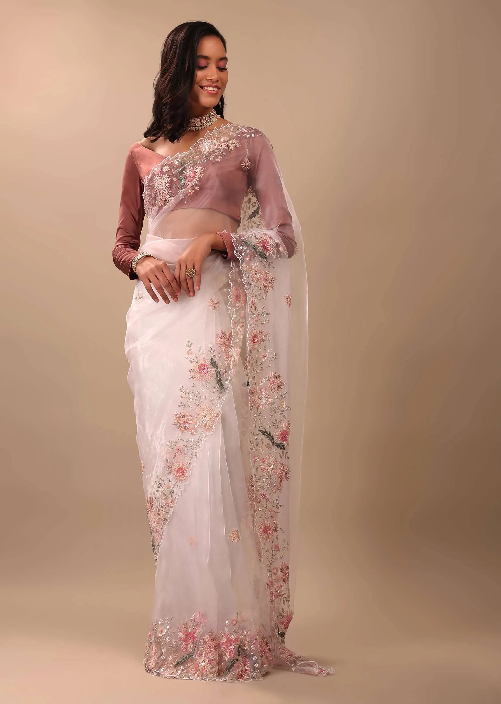 Daisy Dancer White Saree In Organza With 3D Floral Embroidery
