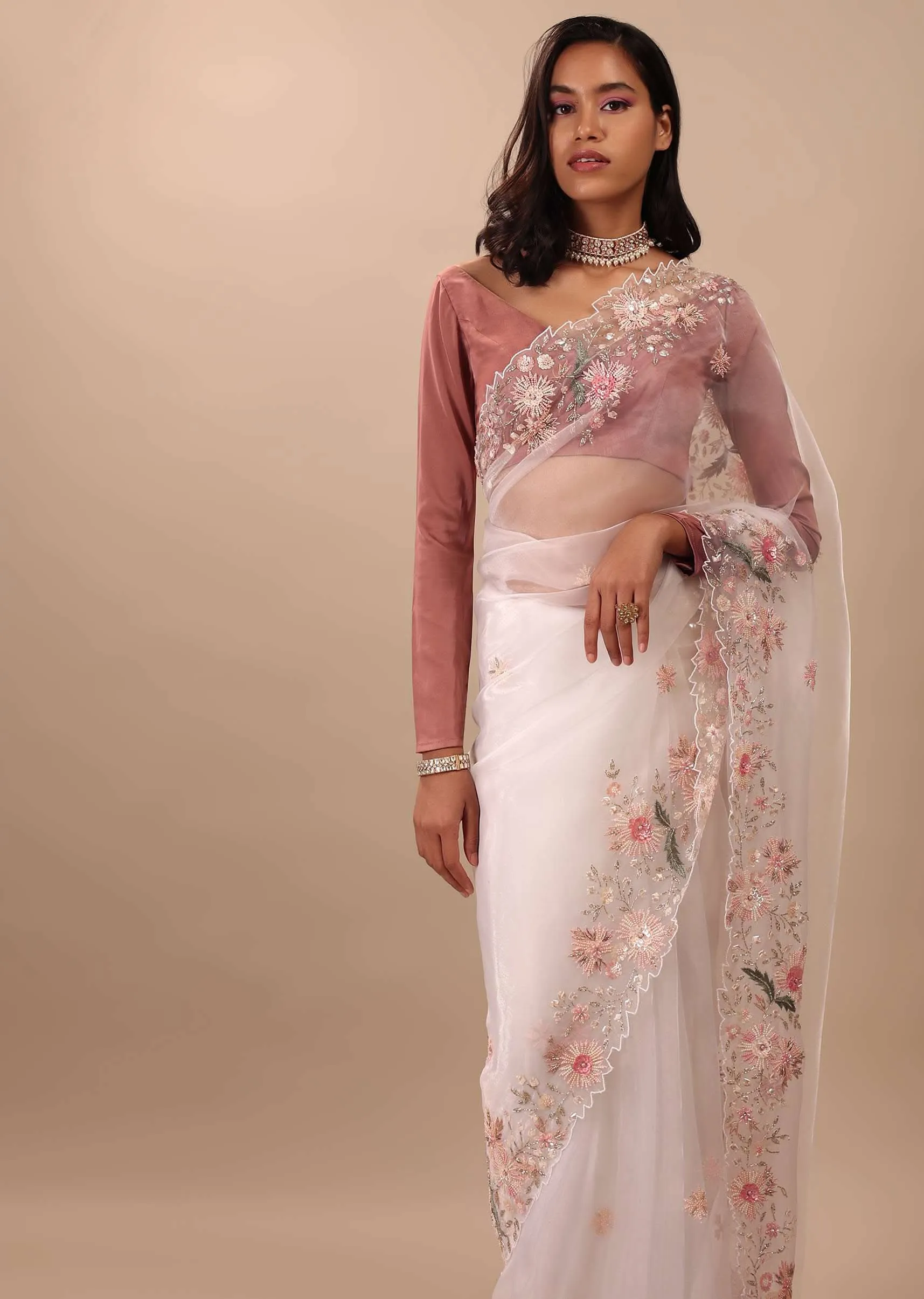 Daisy Dancer White Saree In Organza With 3D Floral Embroidery
