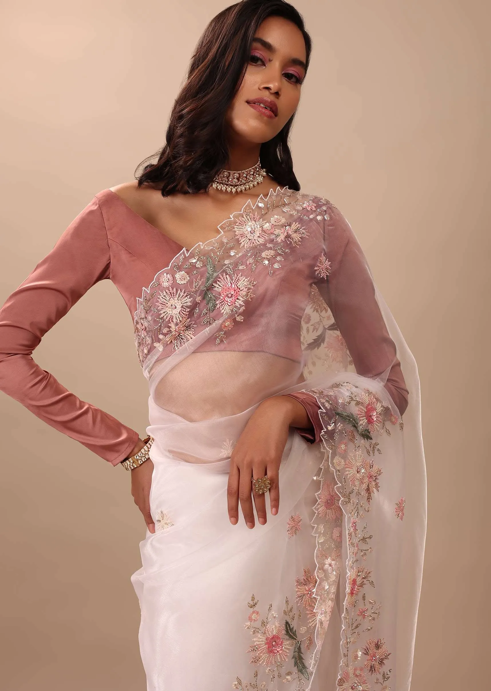 Daisy Dancer White Saree In Organza With 3D Floral Embroidery