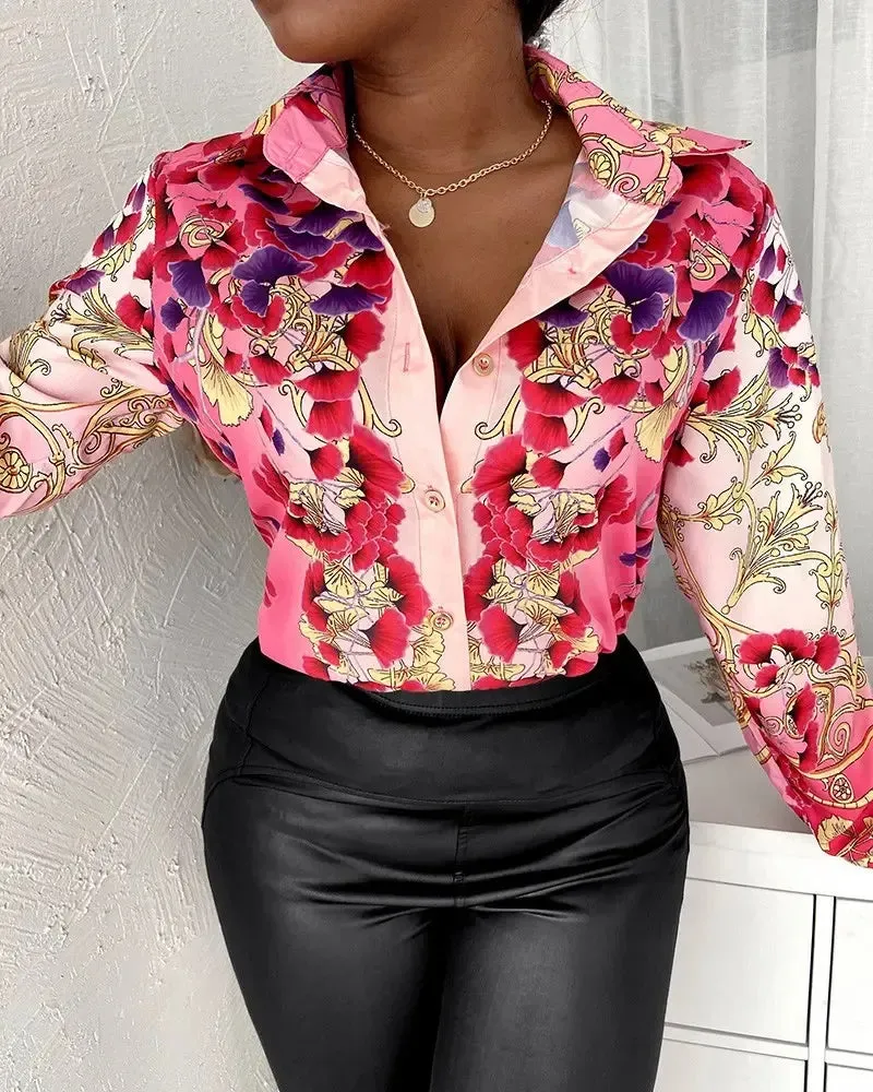 Deanwangkt - Floral Print Button Up Long Sleeve Top