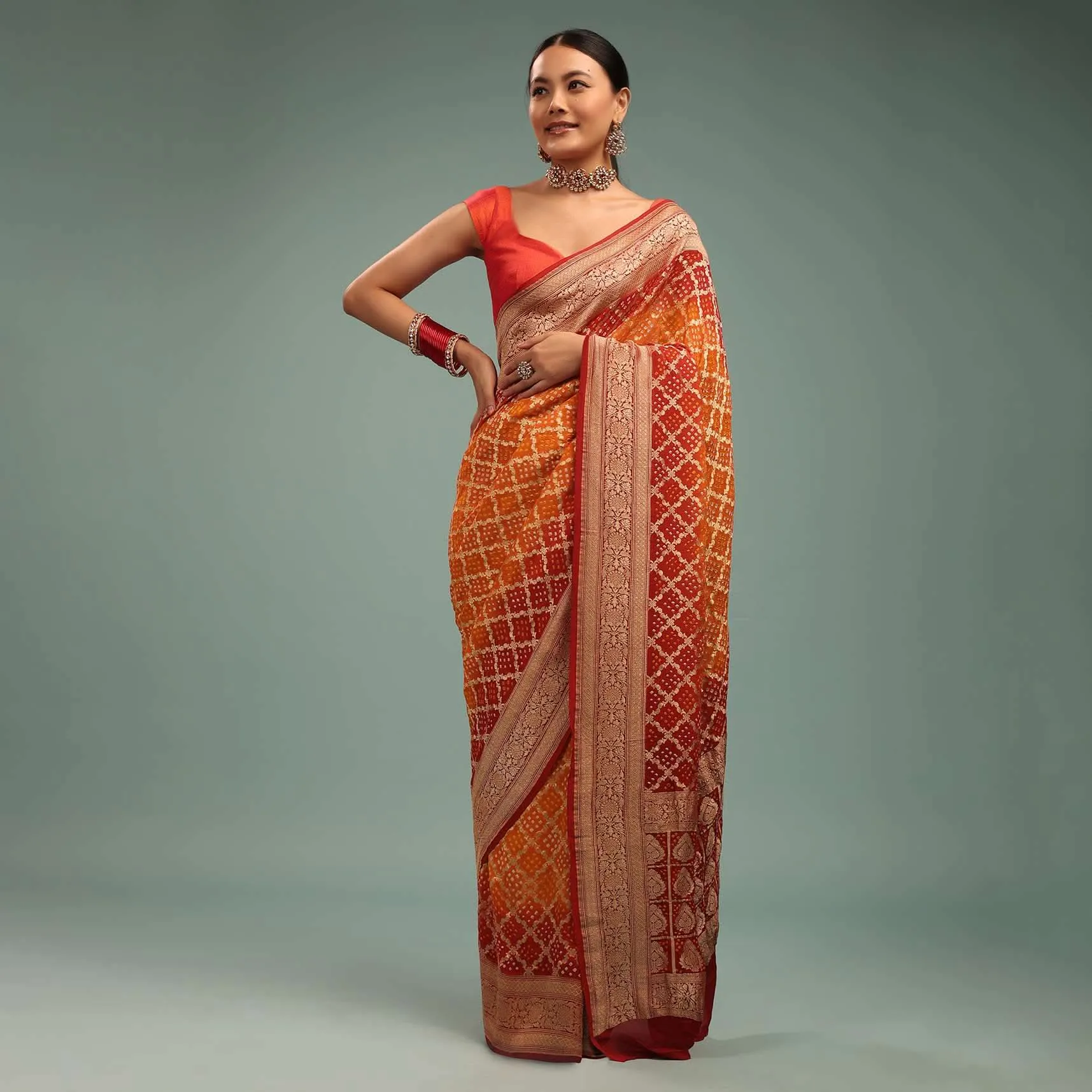 Dual-Tone Tango Red And Orange Saree In Georgette With Bandhani Handwoven Brocade Embroidery
