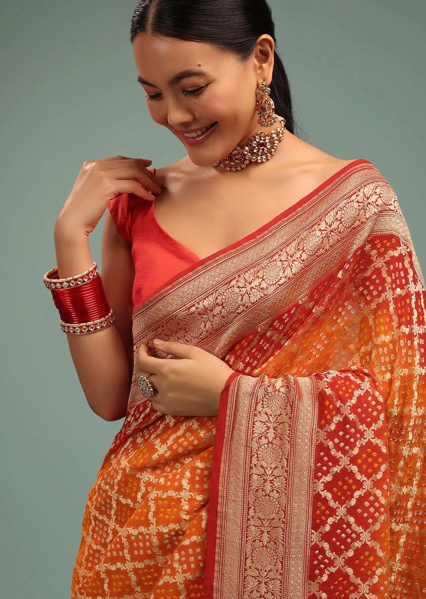 Dual-Tone Tango Red And Orange Saree In Georgette With Bandhani Handwoven Brocade Embroidery
