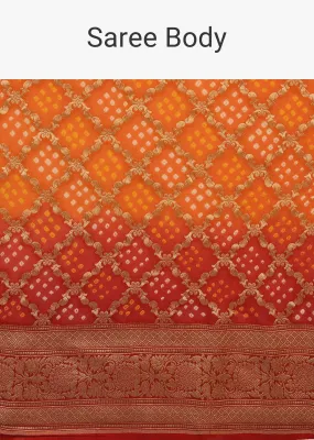 Dual-Tone Tango Red And Orange Saree In Georgette With Bandhani Handwoven Brocade Embroidery