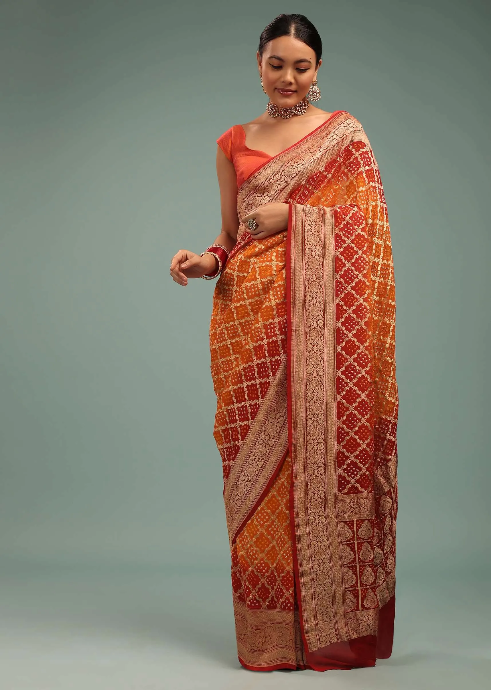 Dual-Tone Tango Red And Orange Saree In Georgette With Bandhani Handwoven Brocade Embroidery