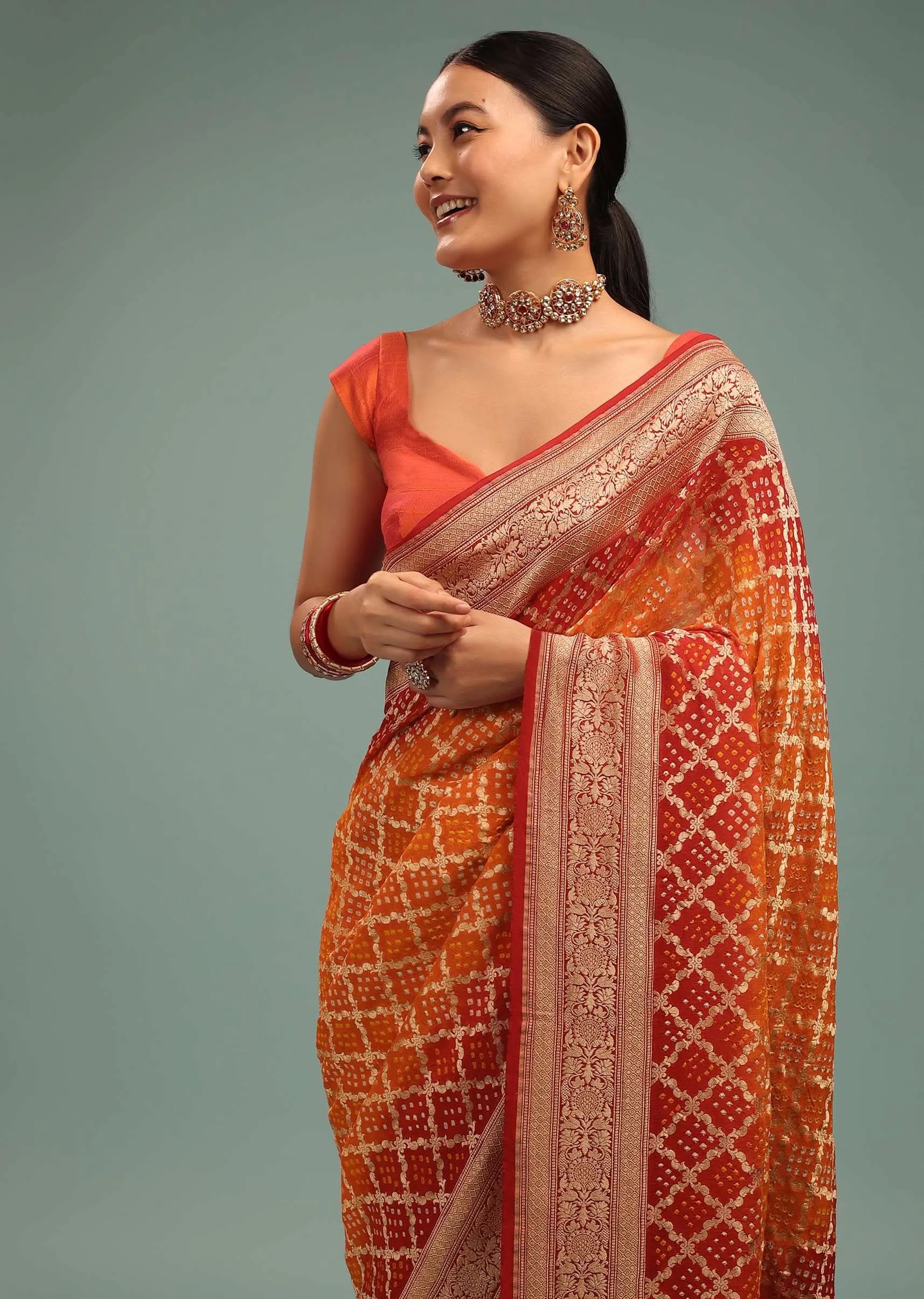 Dual-Tone Tango Red And Orange Saree In Georgette With Bandhani Handwoven Brocade Embroidery