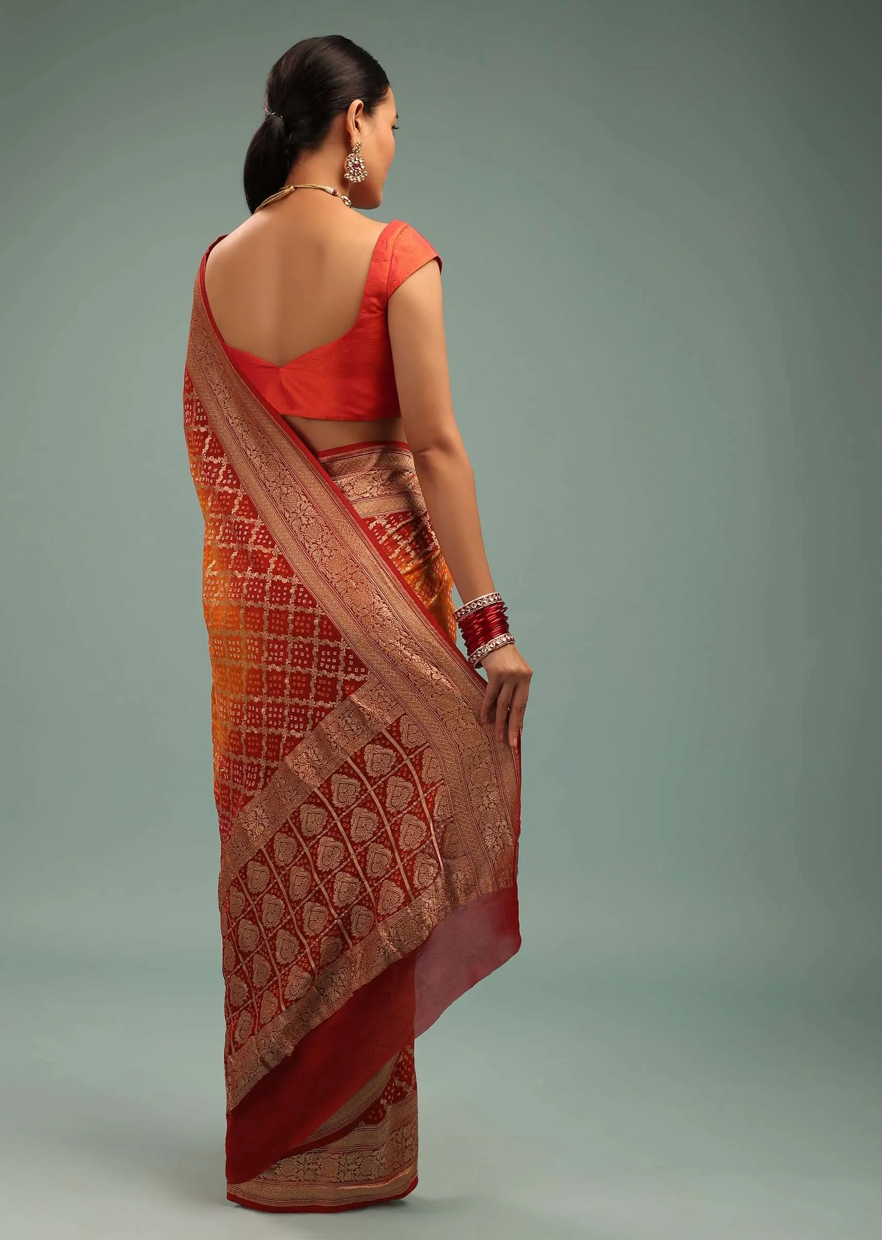 Dual-Tone Tango Red And Orange Saree In Georgette With Bandhani Handwoven Brocade Embroidery
