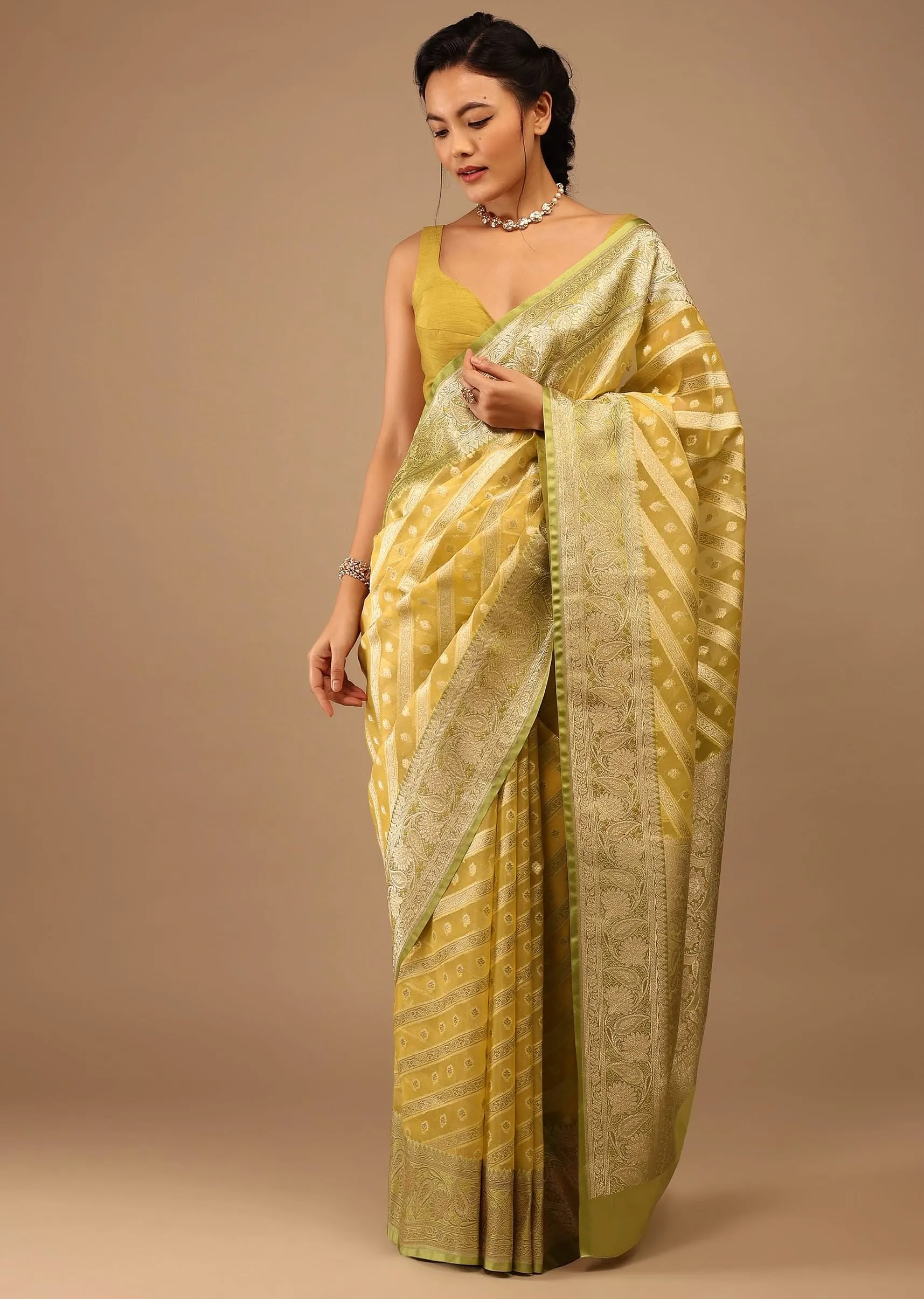 Gold Toned Saree In Chanderi Tissue Handloom With Banarasi Chanderi Weaving
