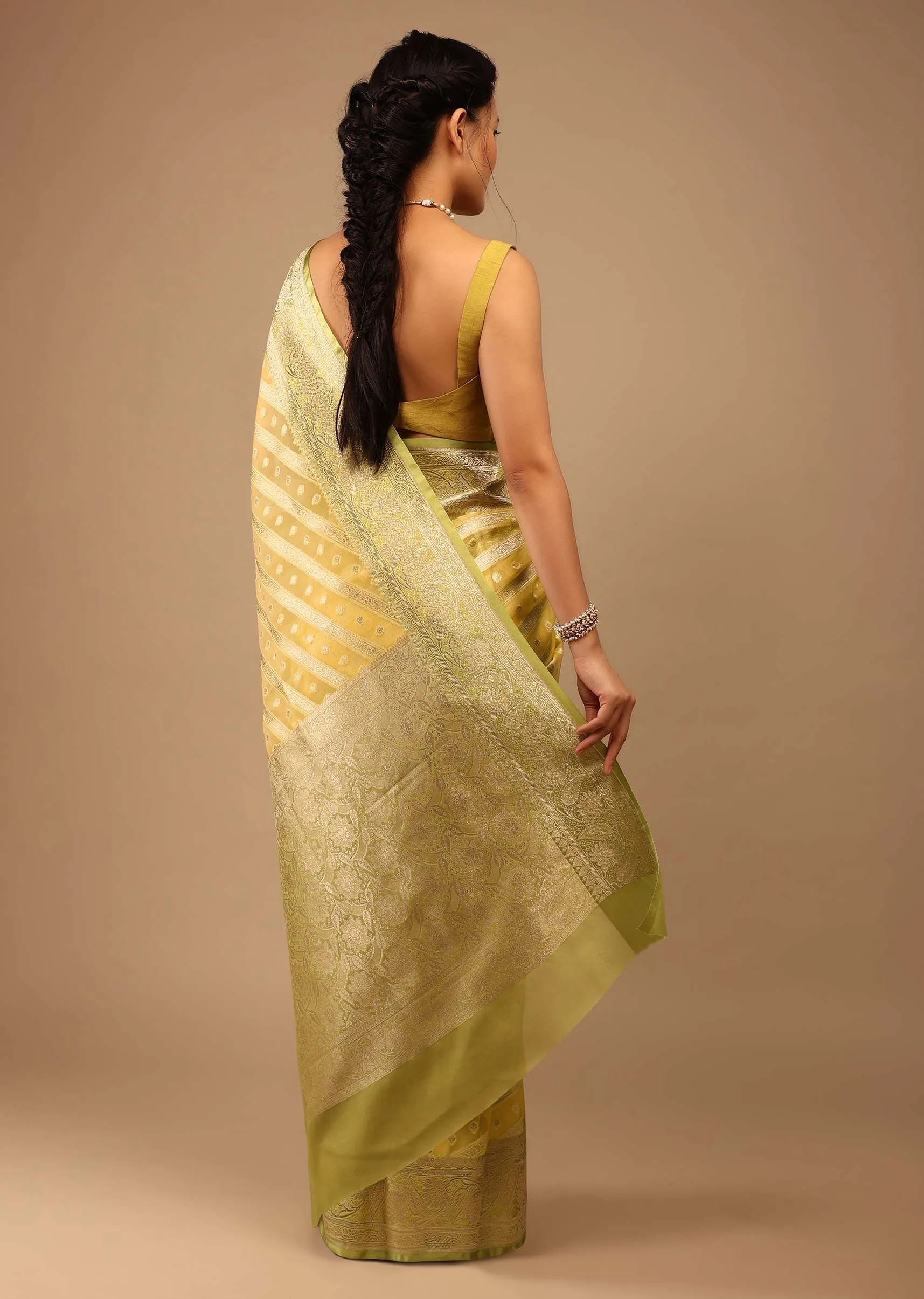 Gold Toned Saree In Chanderi Tissue Handloom With Banarasi Chanderi Weaving