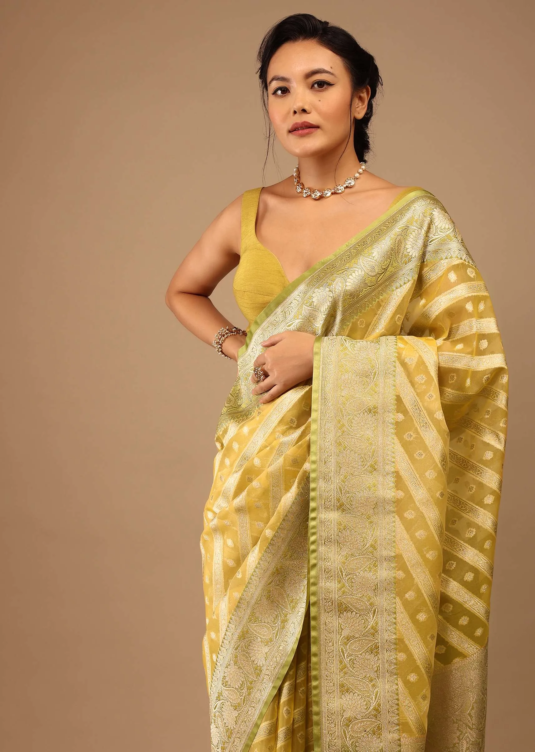 Gold Toned Saree In Chanderi Tissue Handloom With Banarasi Chanderi Weaving