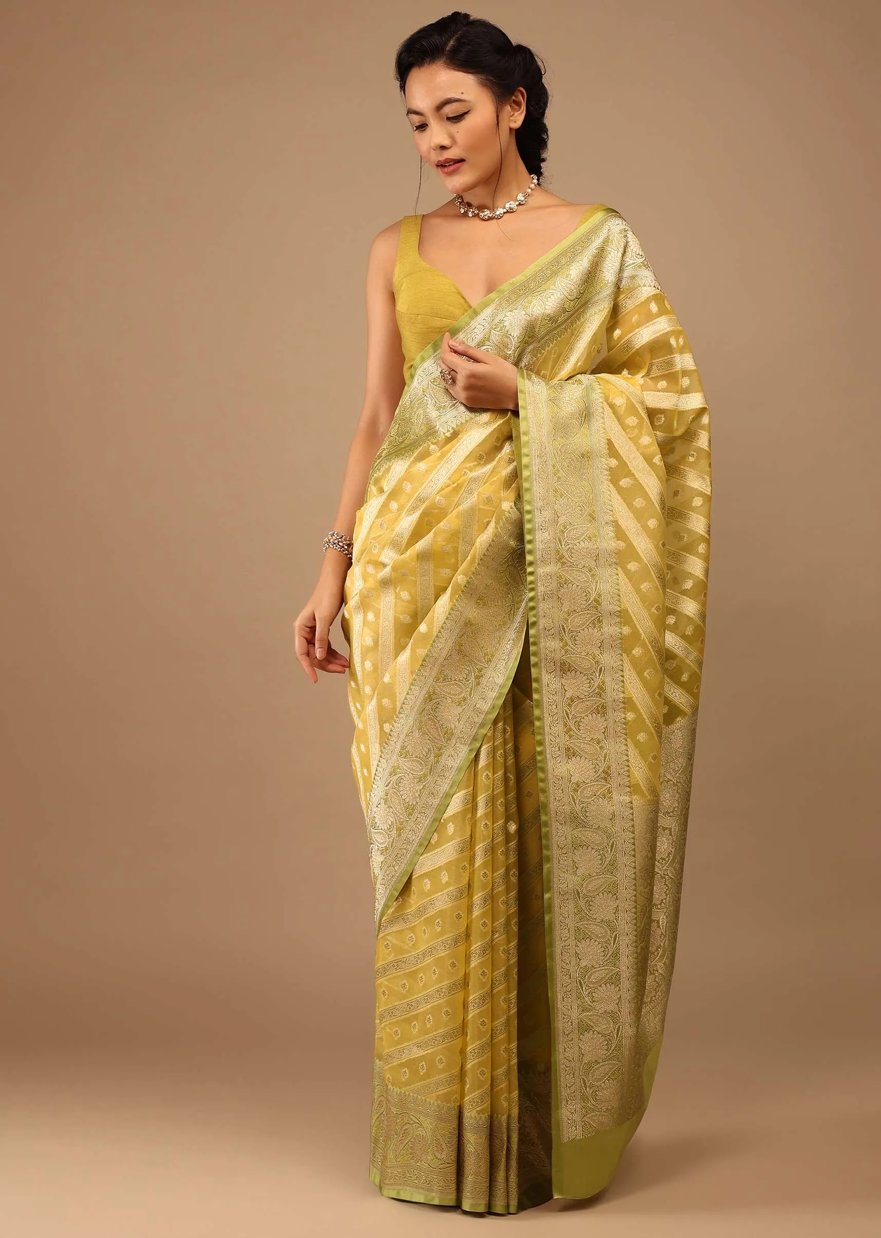 Gold Toned Saree In Chanderi Tissue Handloom With Banarasi Chanderi Weaving