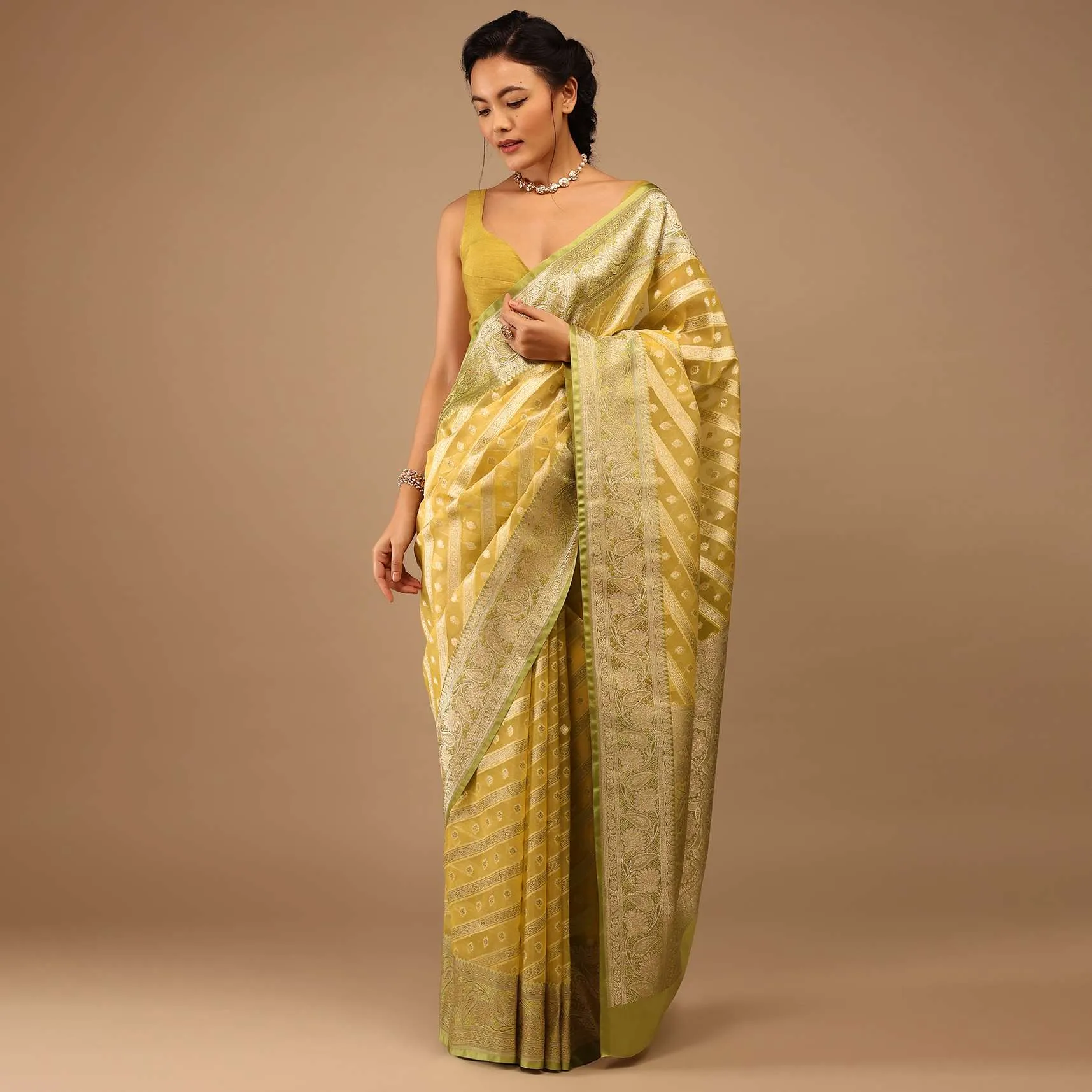Gold Toned Saree In Chanderi Tissue Handloom With Banarasi Chanderi Weaving