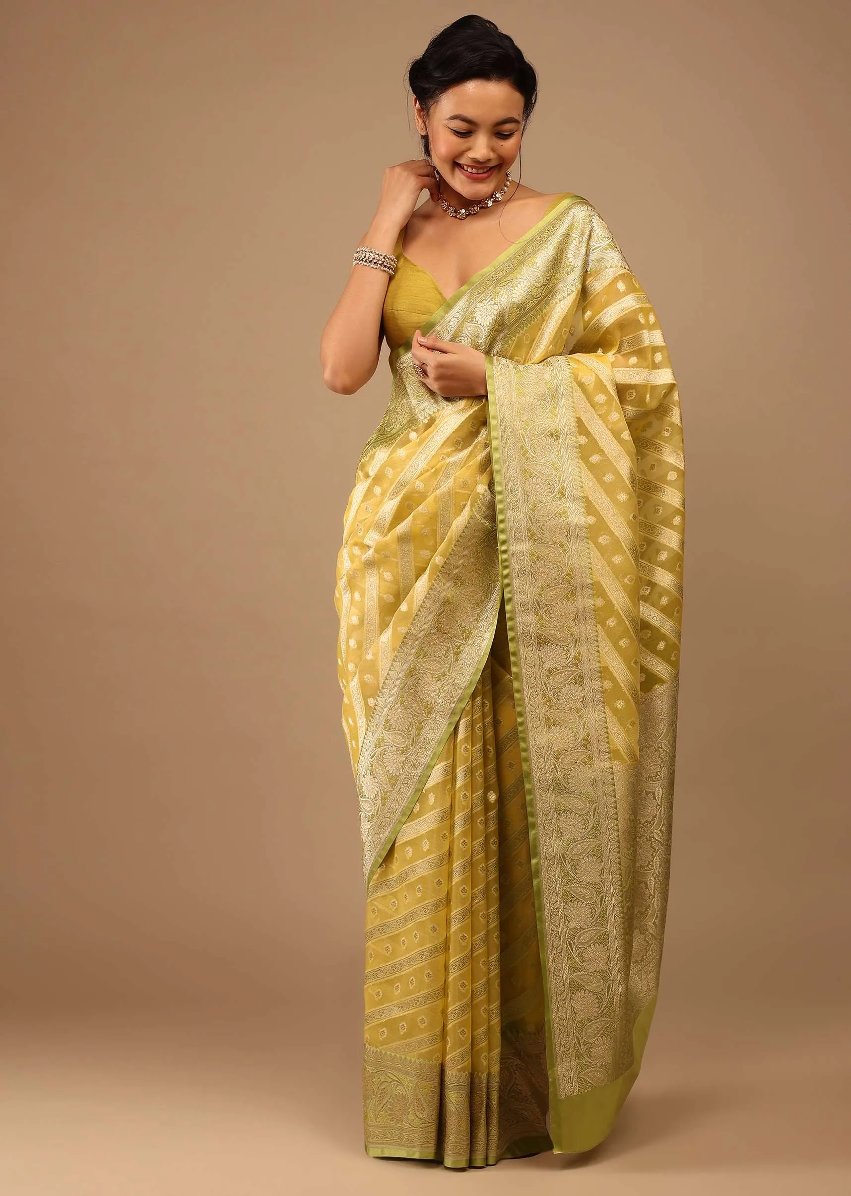 Gold Toned Saree In Chanderi Tissue Handloom With Banarasi Chanderi Weaving