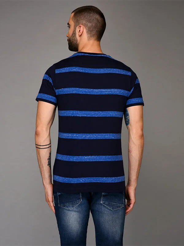 Greenfibre Blue Striped Slim Fit Round Neck T-Shirt