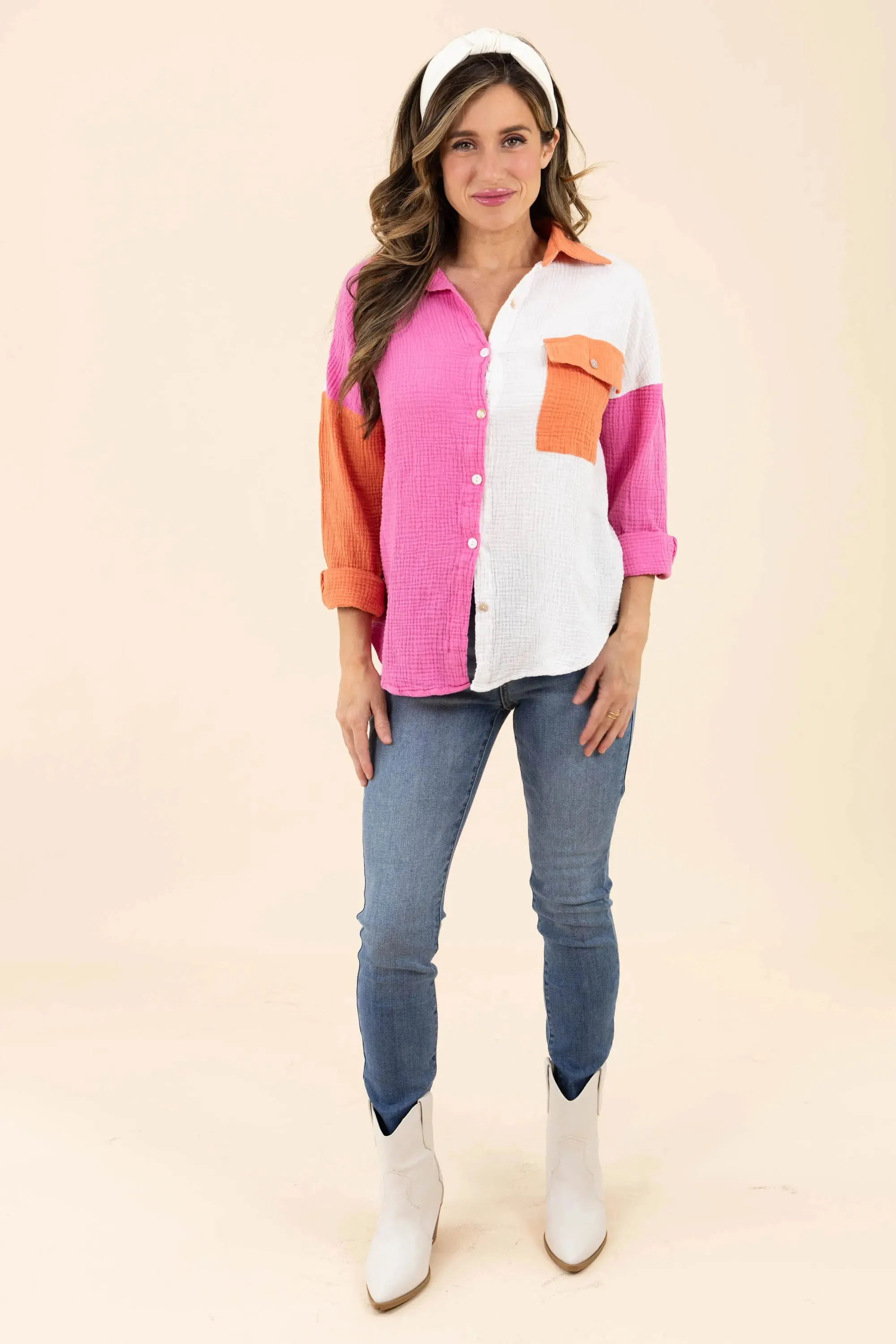 Just Chilling Color Block Button Down Boyfriend Shirt