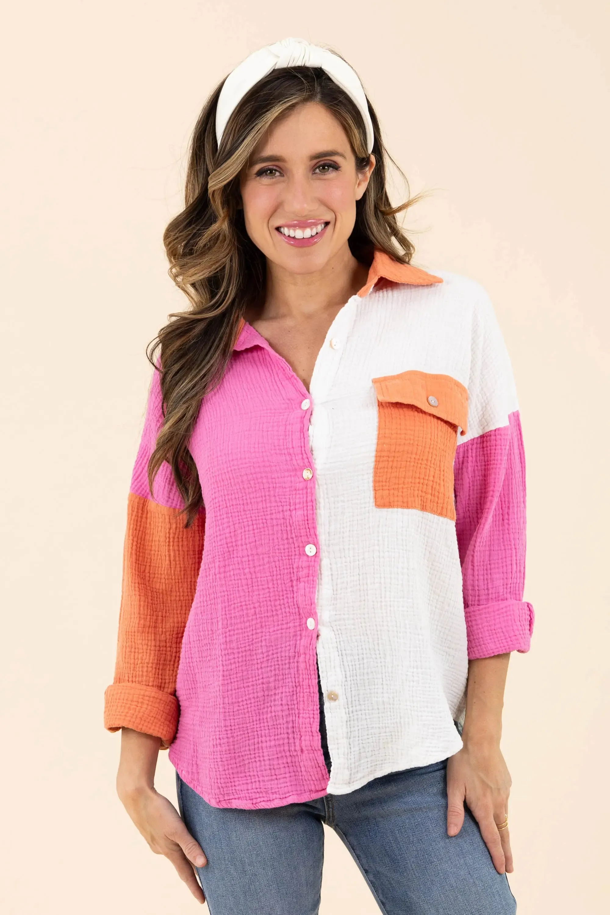 Just Chilling Color Block Button Down Boyfriend Shirt