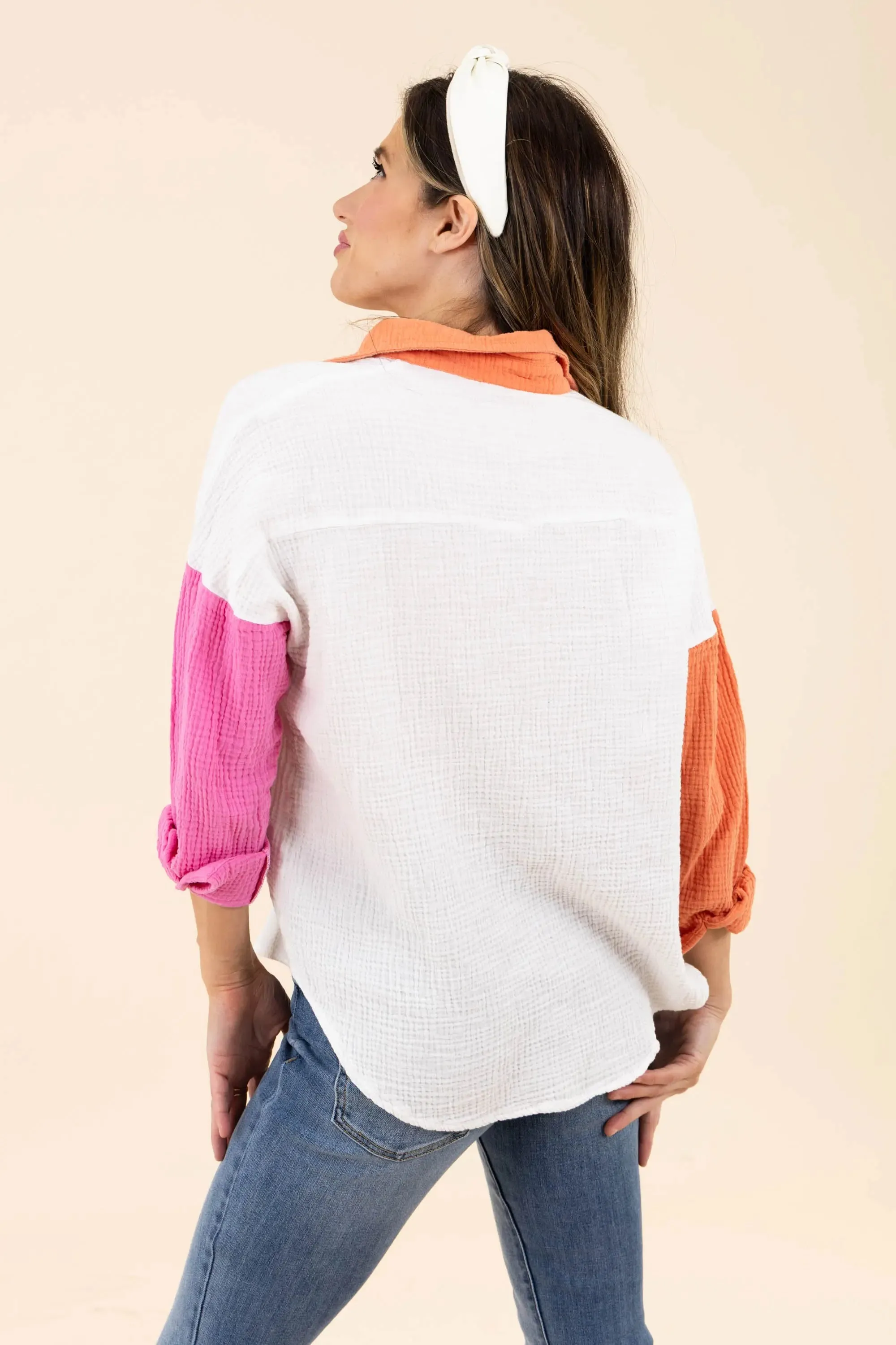 Just Chilling Color Block Button Down Boyfriend Shirt
