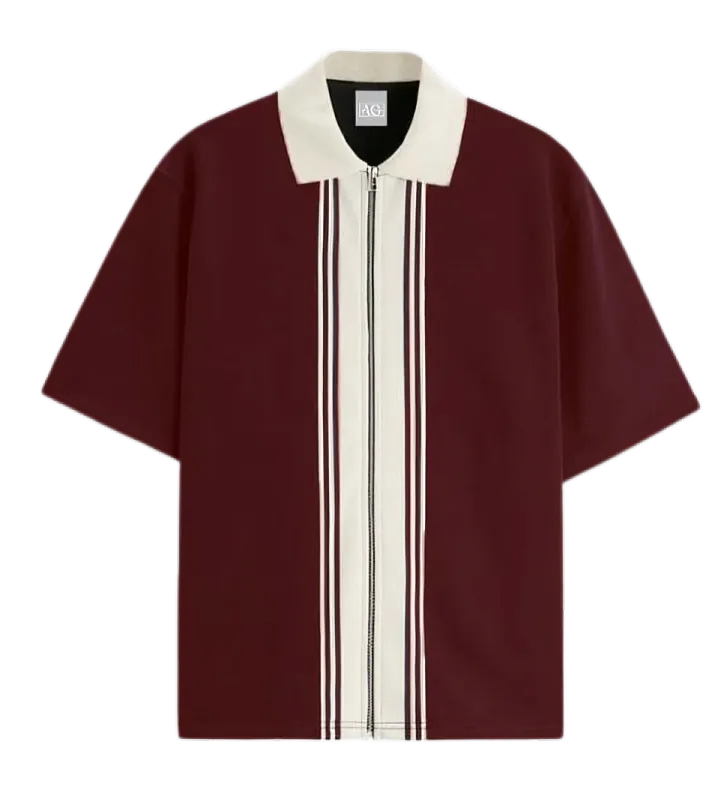 Maroon Zipper Striped Polo Shirt