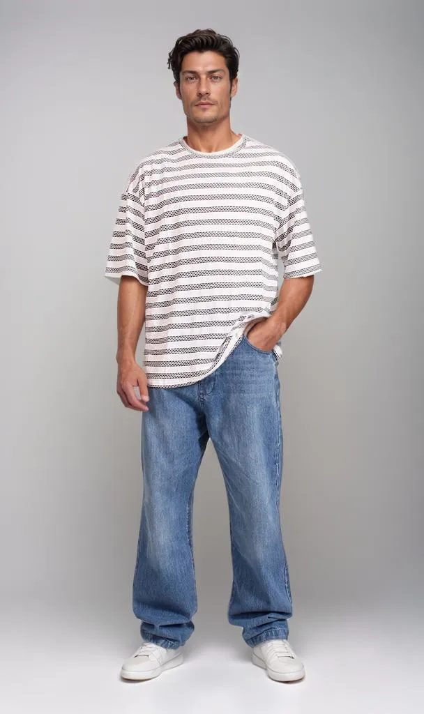 R208466 -Jacquard Striped T-Shirt - Off White & Black