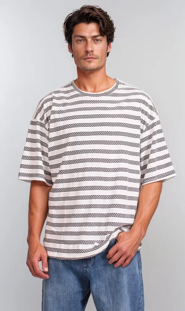 R208466 -Jacquard Striped T-Shirt - Off White & Black