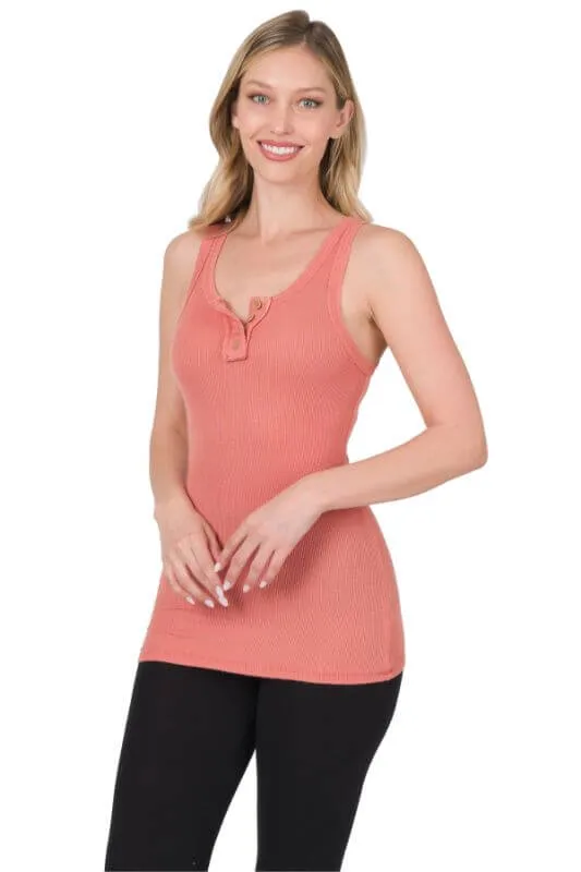 Ribbed Button-Front Layering Tank Top