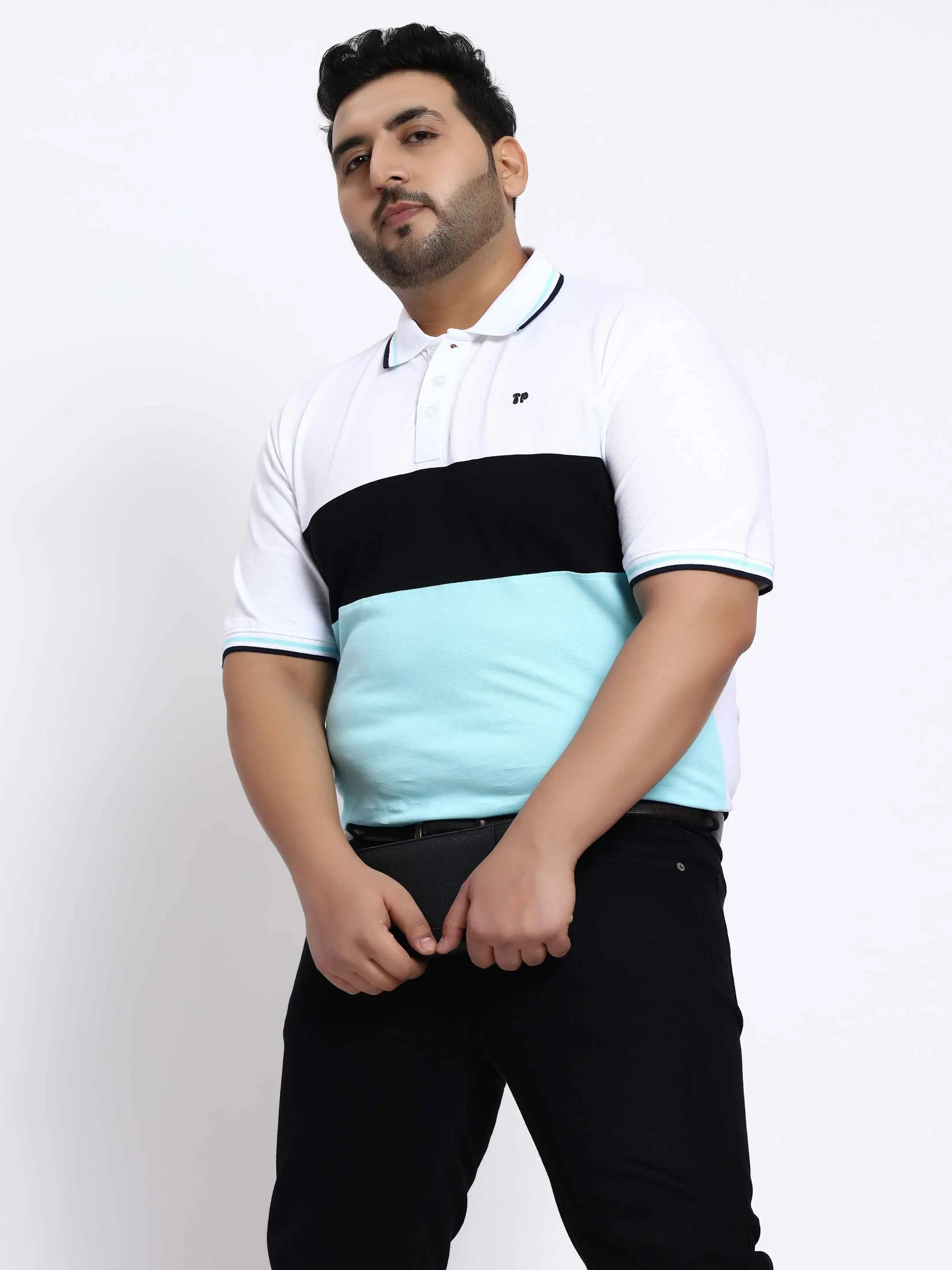 Sky Blue Triple Striped Plus Size Polo T-shirt