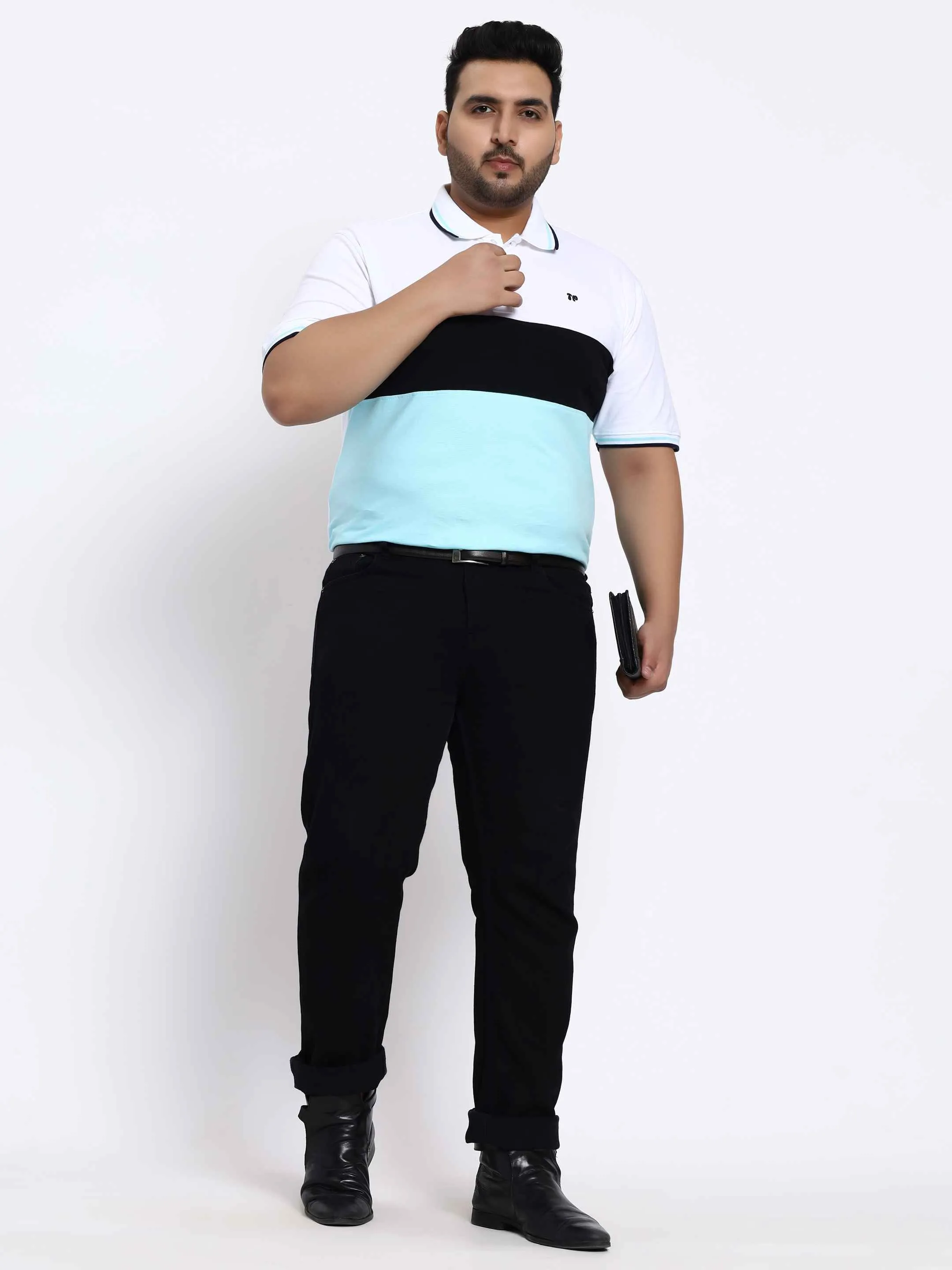 Sky Blue Triple Striped Plus Size Polo T-shirt